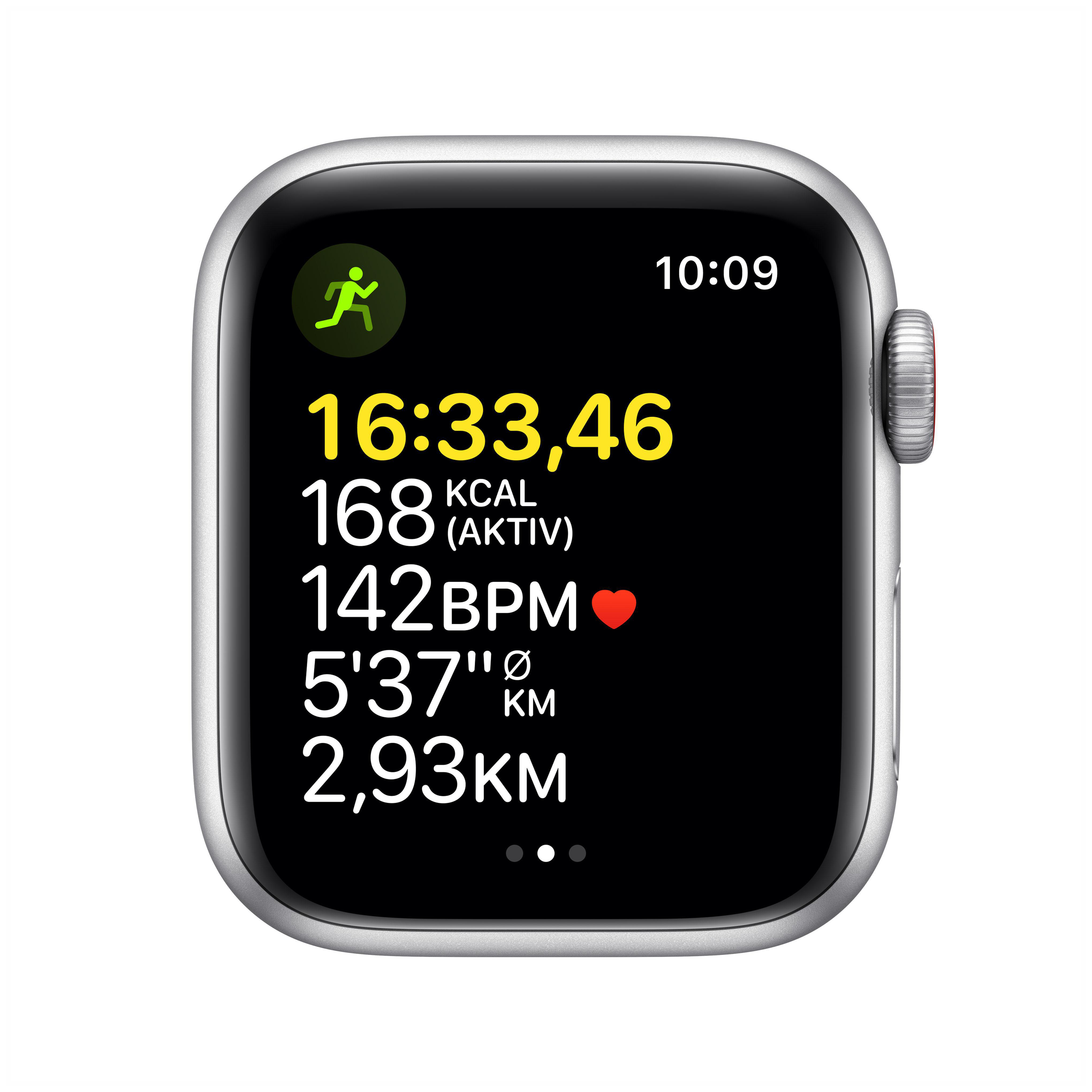 APPLE Watch SE (GPS + Cellular) 40mm Smartwatch Aluminium Nylon, 130 - 200 mm, Armband: Abyssblau/Moosgrün, Gehäuse: Silber
