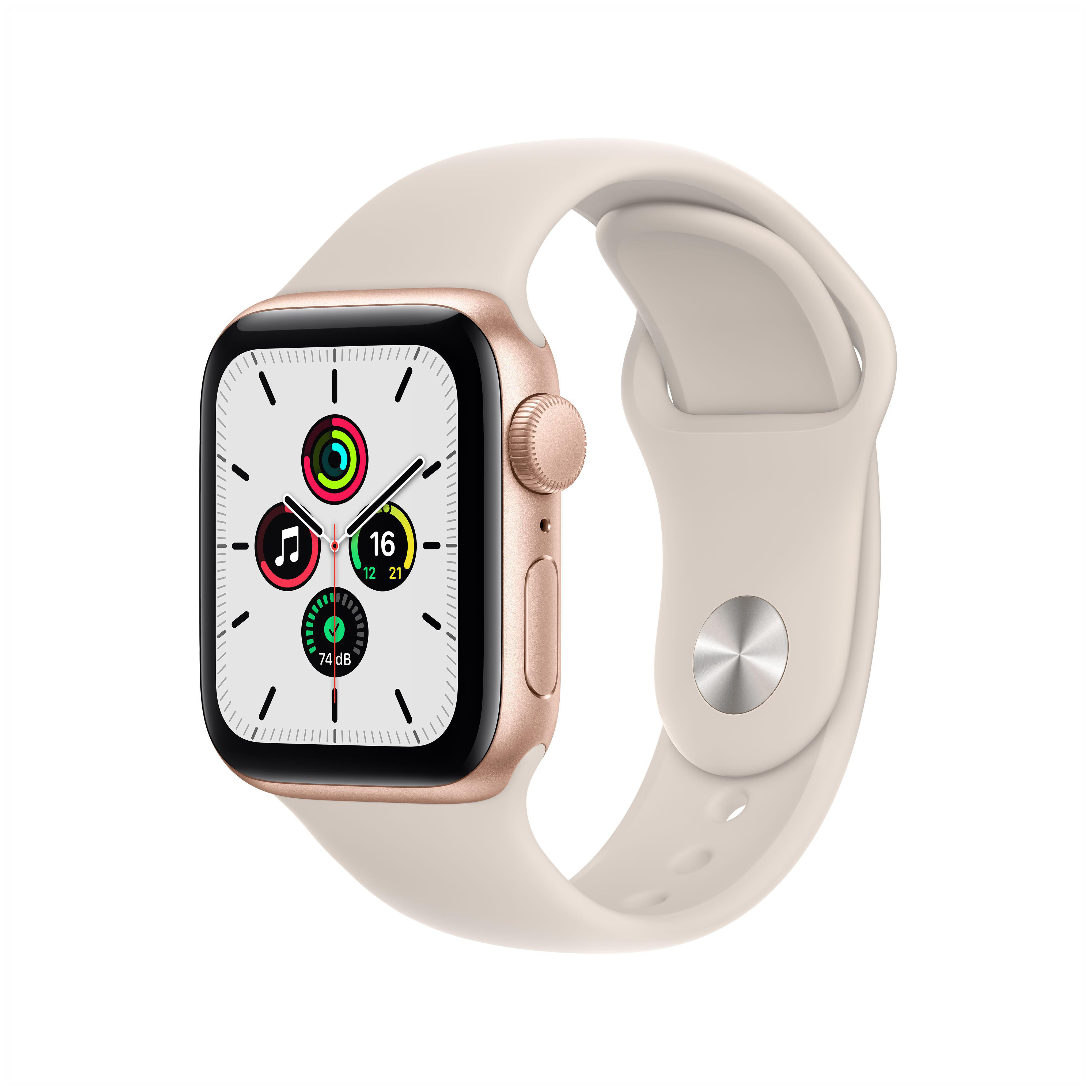 Apple Watch mit goldenem Gehäuse und cremefarbenem Armband. Der Bildschirm zeigt Zeit und Gesundheitsmetriken.