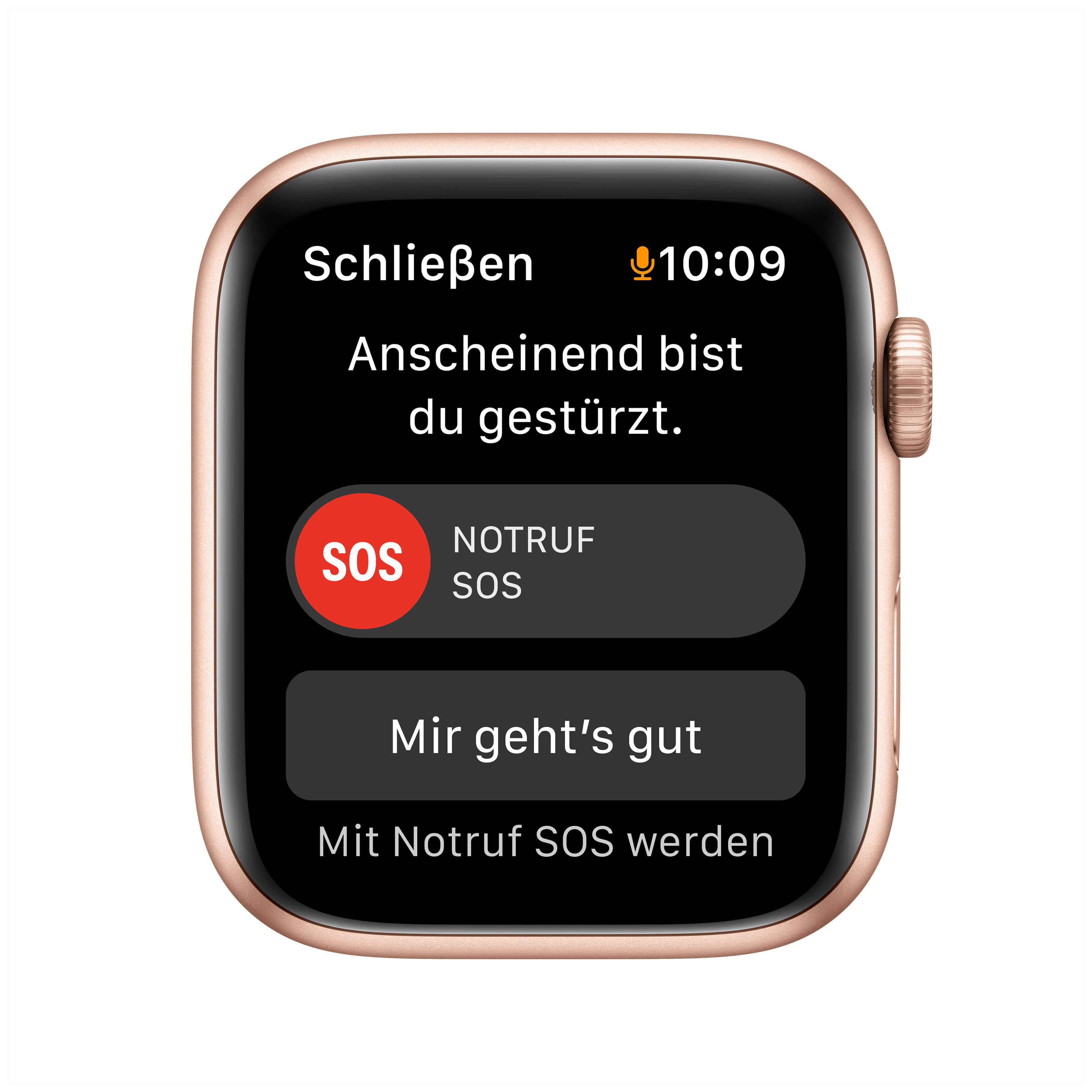APPLE Watch SE (GPS) 44mm Smartwatch Aluminium Fluorelastomer, 140 -220 mm, Armband: Polarstern, Gehäuse: Gold