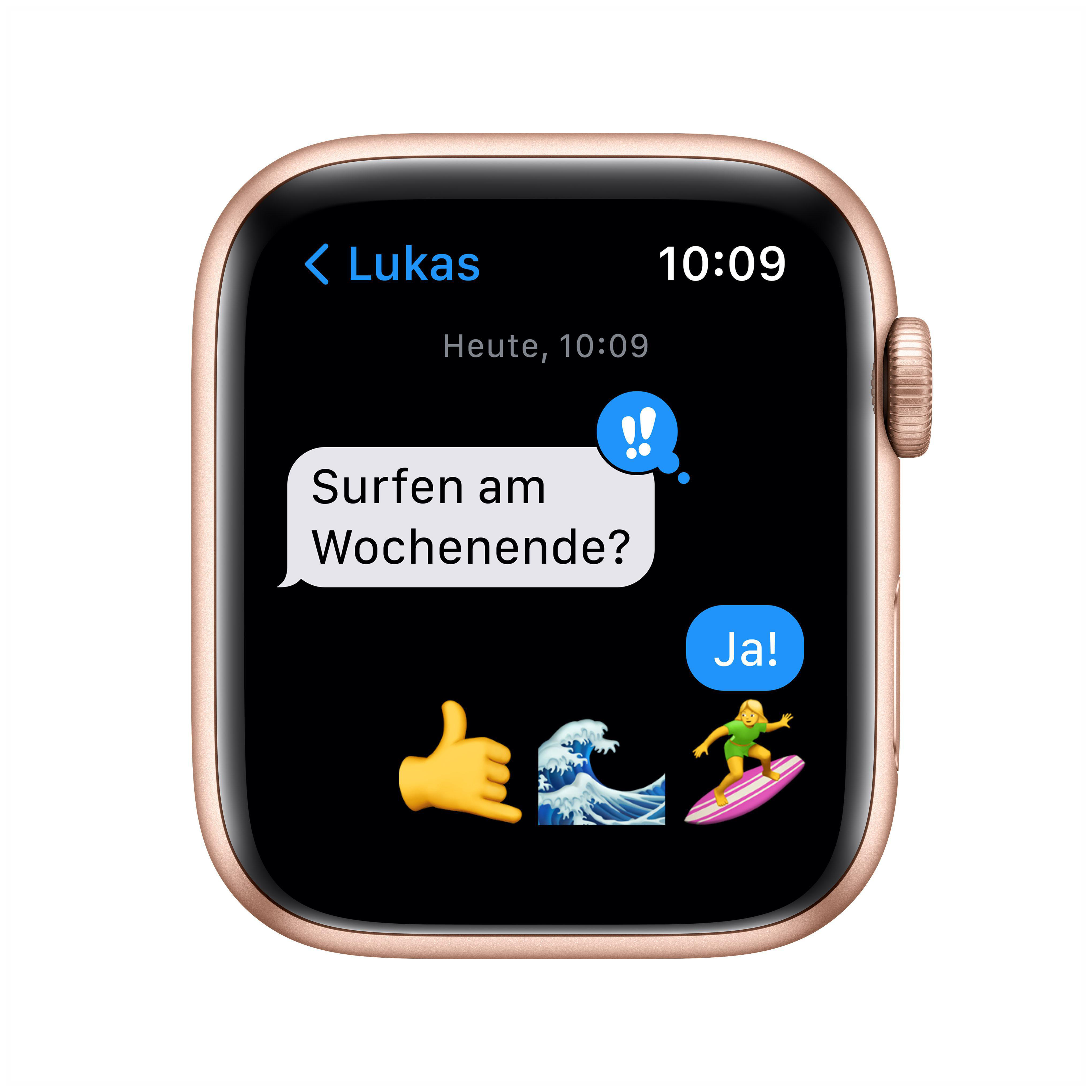 APPLE Watch SE (GPS) 44mm Smartwatch Aluminium Fluorelastomer, 140 -220 mm, Armband: Polarstern, Gehäuse: Gold