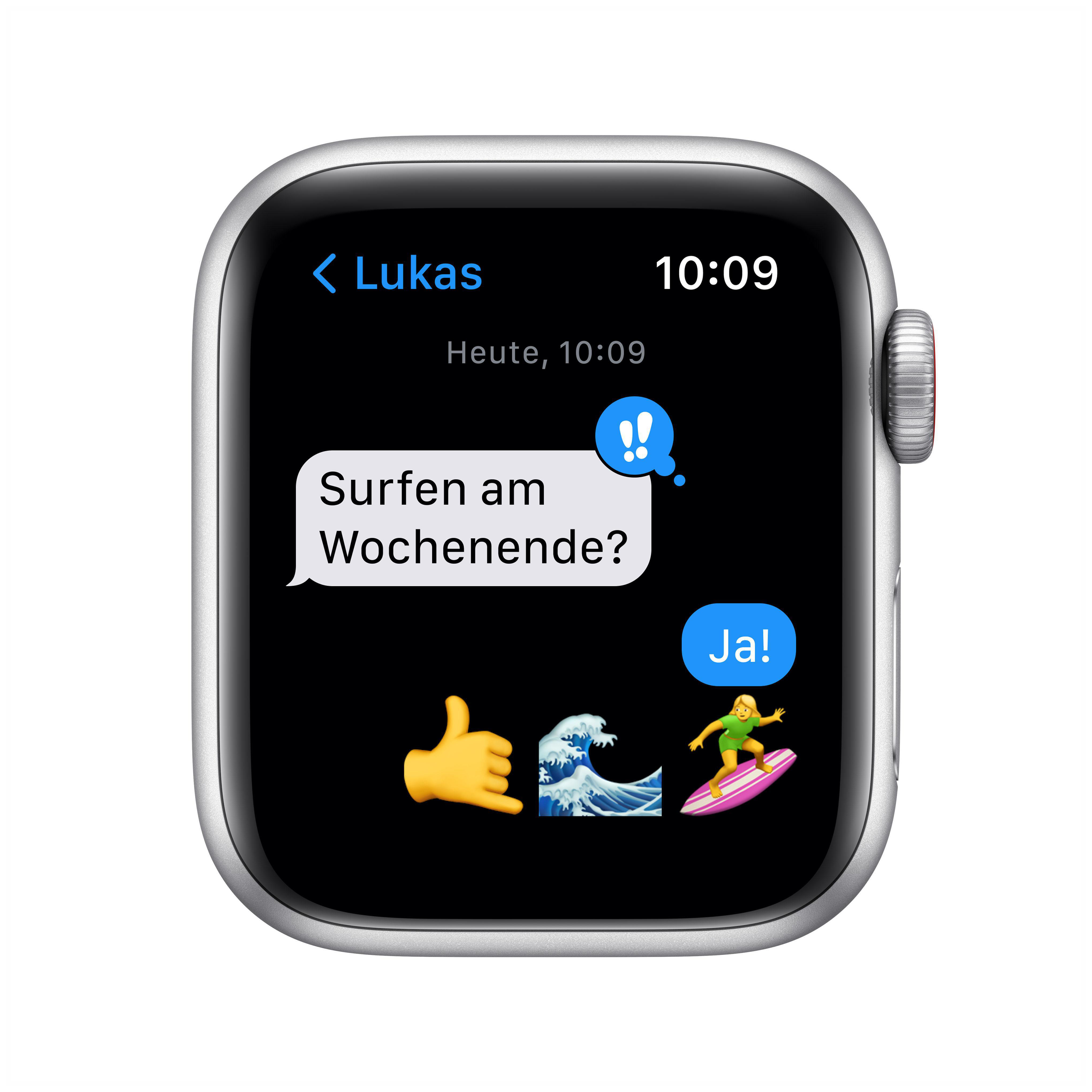 APPLE Watch SE (GPS + Cellular) 40mm Smartwatch Aluminium Nylon, 130 - 200 mm, Armband: Abyssblau/Moosgrün, Gehäuse: Silber