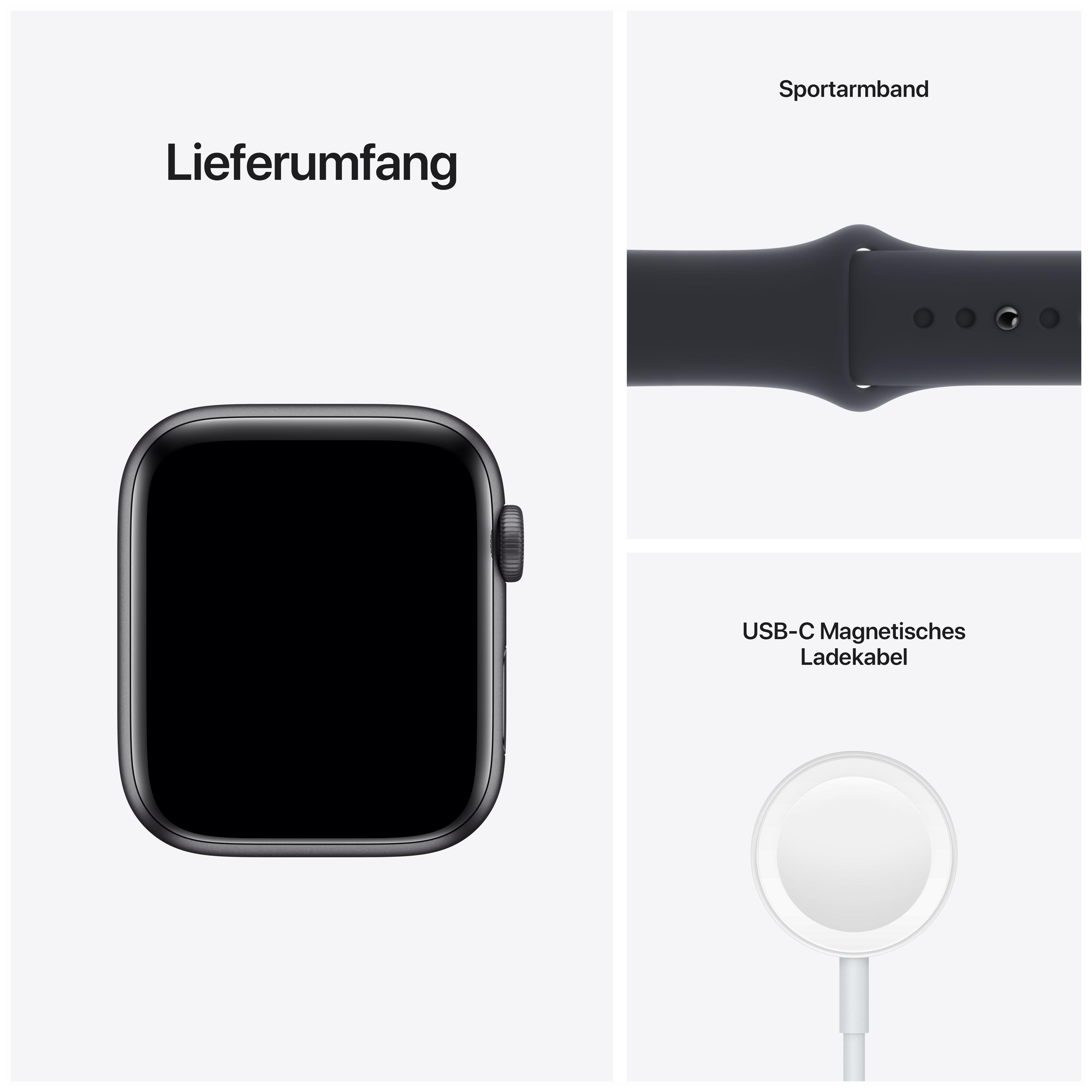 Drei Bilder einer Apple Watch, mit Armband, Sportarmband und USB-C magnetischem Ladekabel gezeigt.