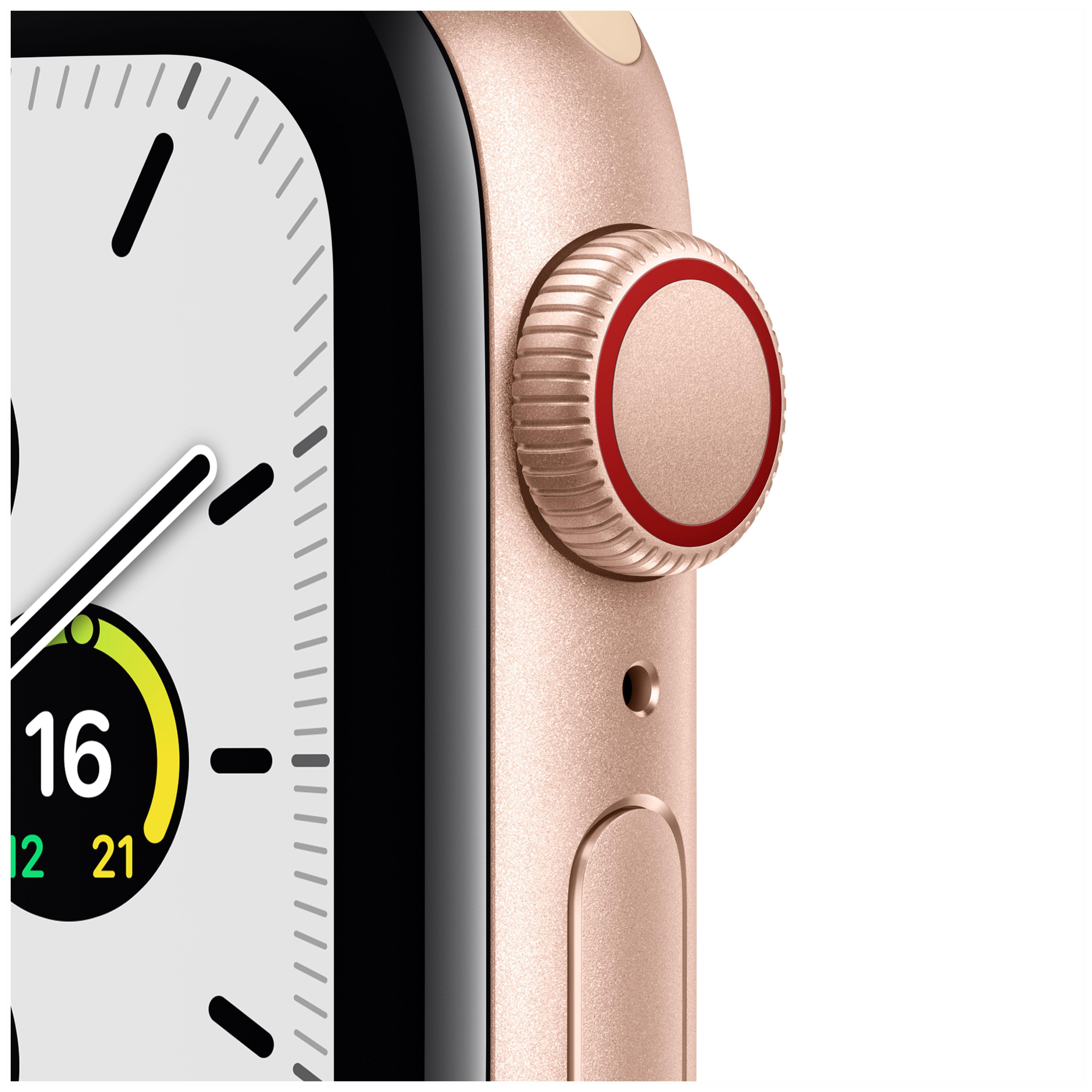 APPLE Watch SE (GPS + Cellular) 40mm Smartwatch Aluminium Nylon, 130 - 200 mm, Armband: Indischgelb/Weiß, Gehäuse: Gold