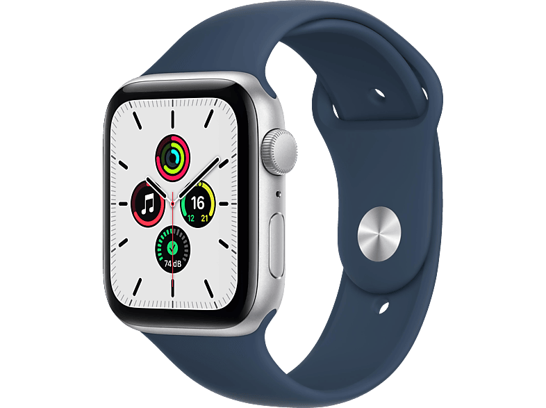 APPLE Watch SE (GPS) 44mm Smartwatch Aluminium Fluorelastomer, 140 -220 mm, Armband: Abyssblau, Gehäuse: Silber