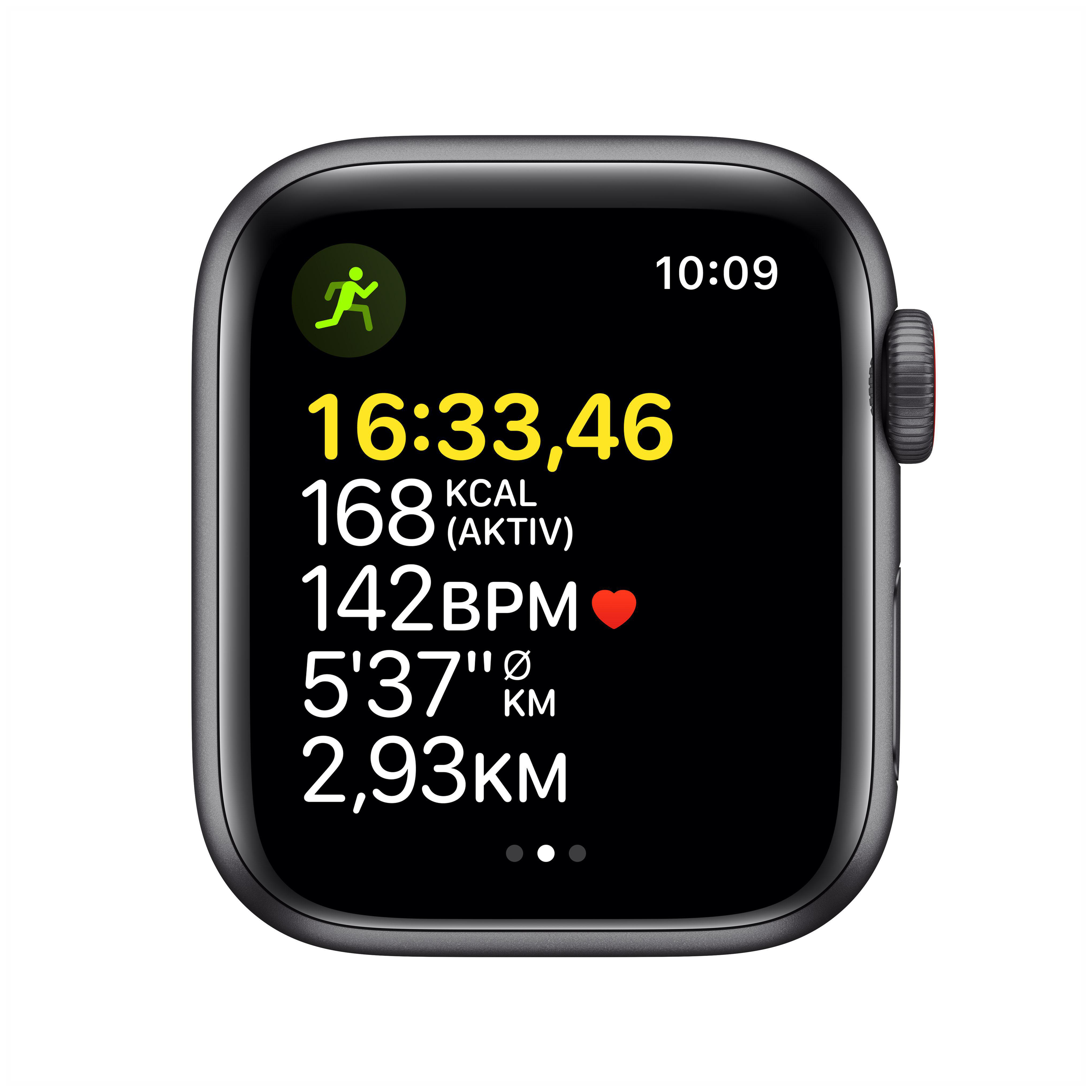 APPLE Watch SE (GPS + Cellular) 40mm Smartwatch Aluminium Fluorelastomer, 130 - 200 mm, Armband: Mitternacht, Gehäuse: Space Grau