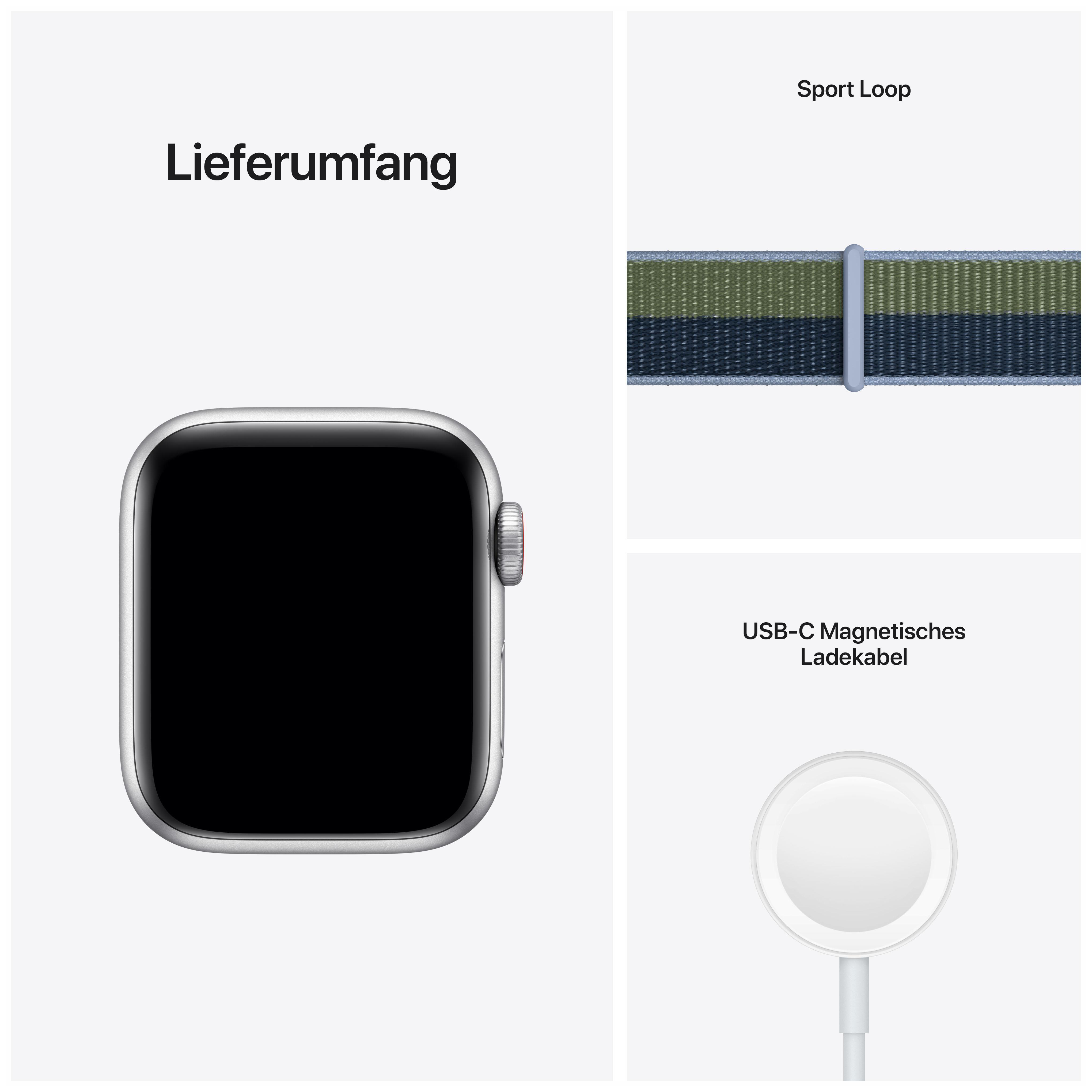 APPLE Watch SE (GPS + Cellular) 40mm Smartwatch Aluminium Nylon, 130 - 200 mm, Armband: Abyssblau/Moosgrün, Gehäuse: Silber