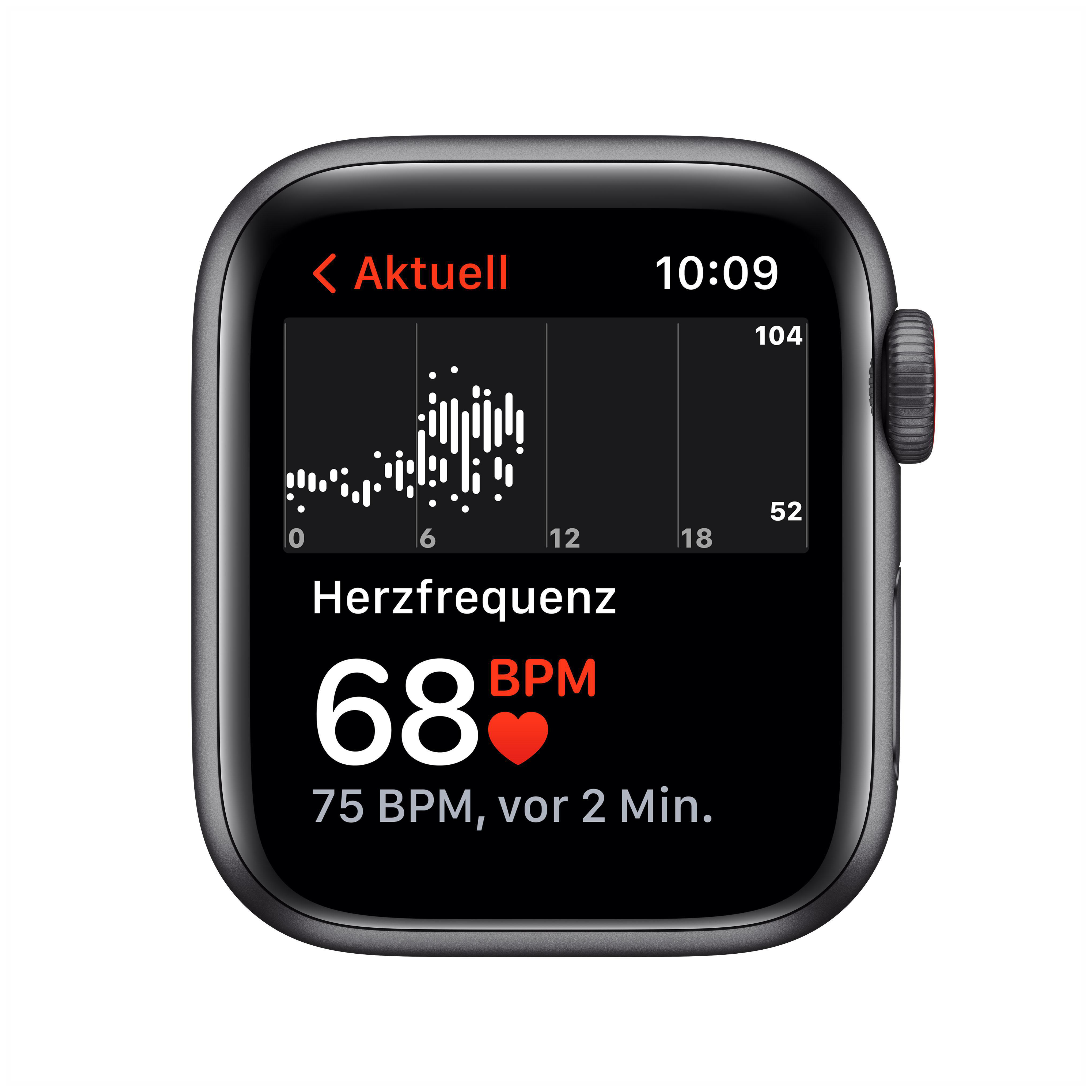 APPLE Watch SE (GPS + Fluorelastomer, Cellular) 40mm mm, Mitternacht, Gehäuse: 130 - Armband: Aluminium 200 Space Smartwatch Grau