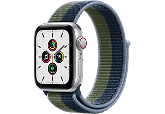 APPLE Watch SE (GPS + Cellular) 40mm Smartwatch Aluminium Nylon, 130 - 200 mm, Armband: Abyssblau/Moosgrün, Gehäuse: Silber