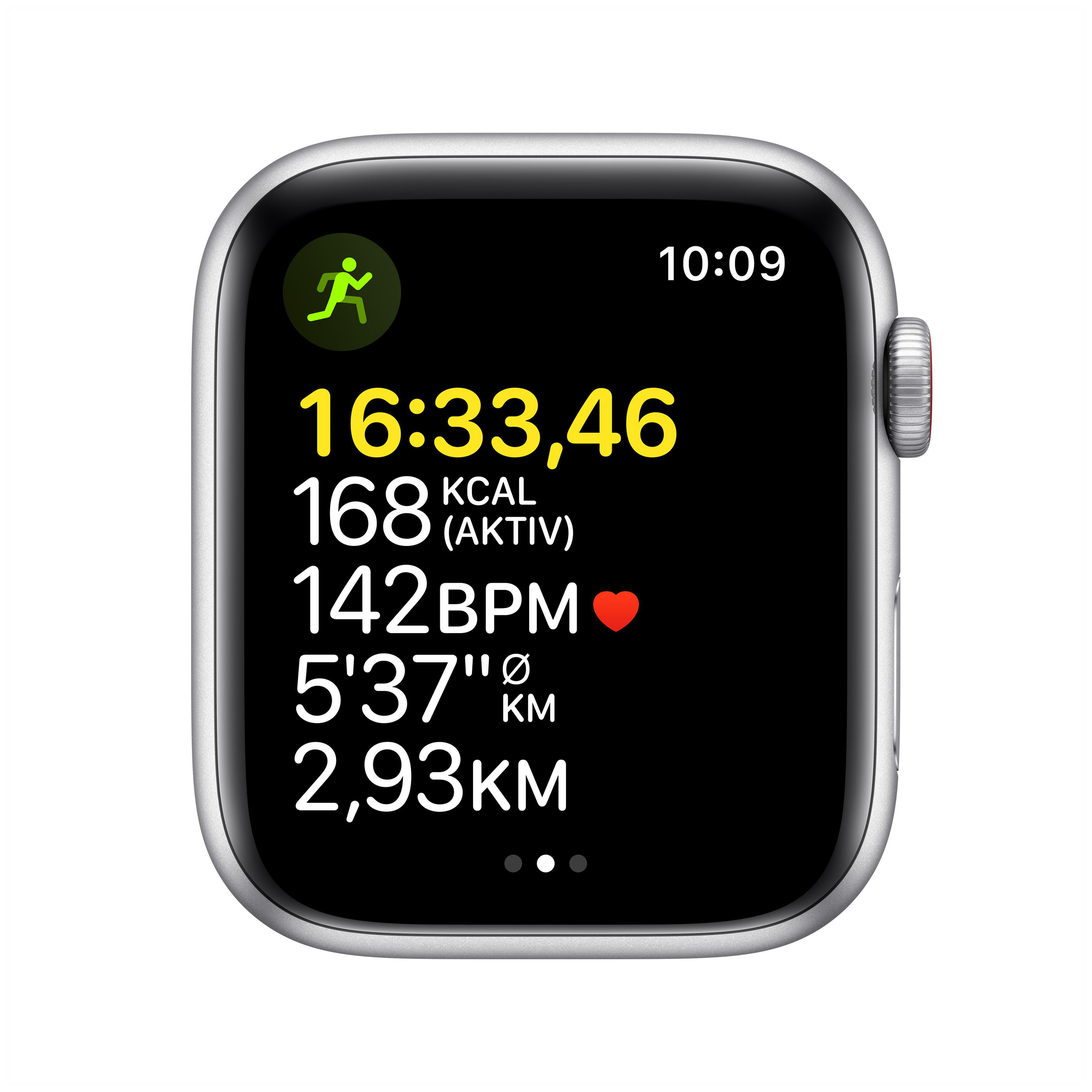 APPLE Watch SE (GPS + Cellular) 44mm Smartwatch Aluminium Fluorelastomer, 140 - 220 mm, Armband: Abyssblau, Gehäuse: Silber