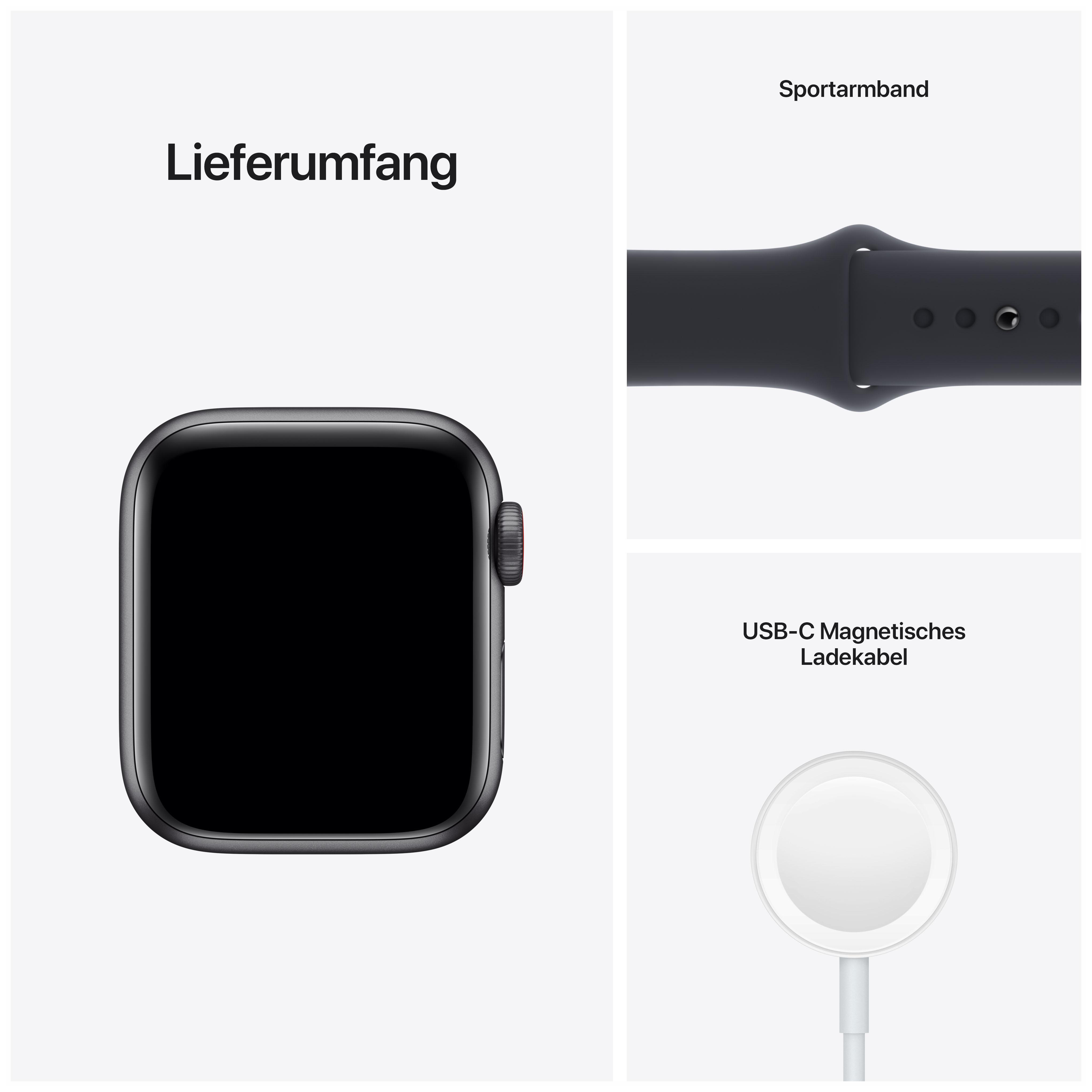 APPLE Watch SE (GPS + Cellular) 40mm Smartwatch Aluminium Fluorelastomer, 130 - 200 mm, Armband: Mitternacht, Gehäuse: Space Grau