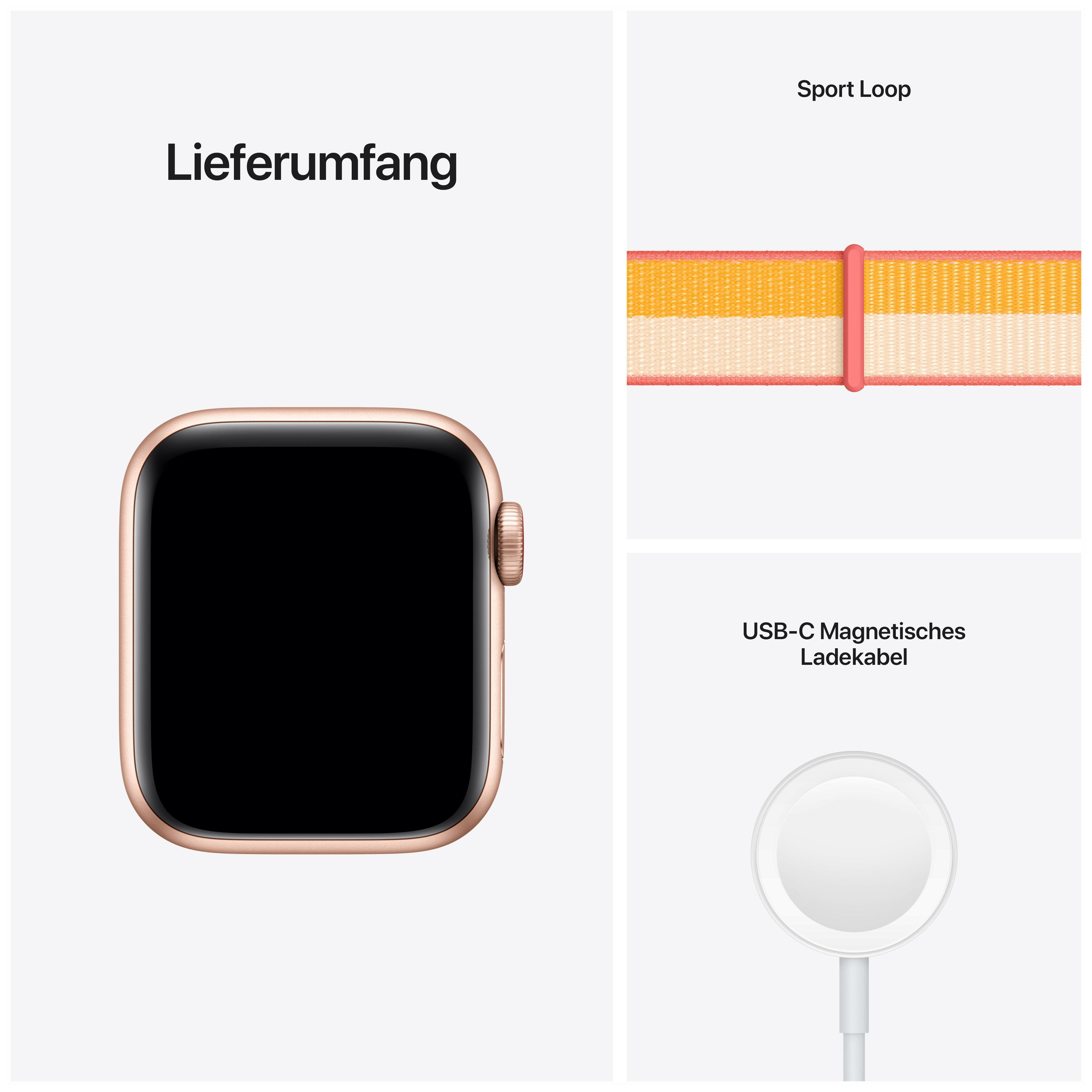 APPLE Watch SE (GPS + Cellular) 40mm Smartwatch Aluminium Nylon, 130 - 200 mm, Armband: Indischgelb/Weiß, Gehäuse: Gold