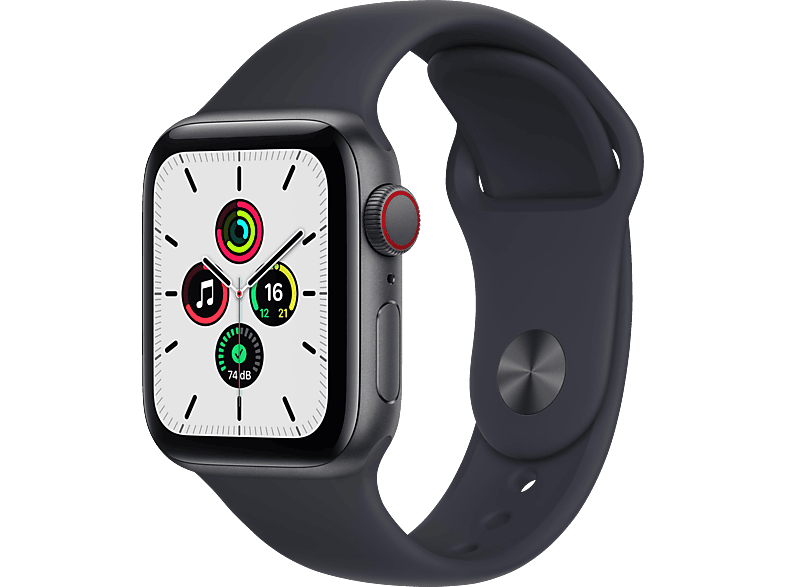 APPLE Watch SE (GPS + Cellular) 40mm Smartwatch Aluminium Fluorelastomer, 130 - 200 mm, Armband: Mitternacht, Gehäuse: Space Grau