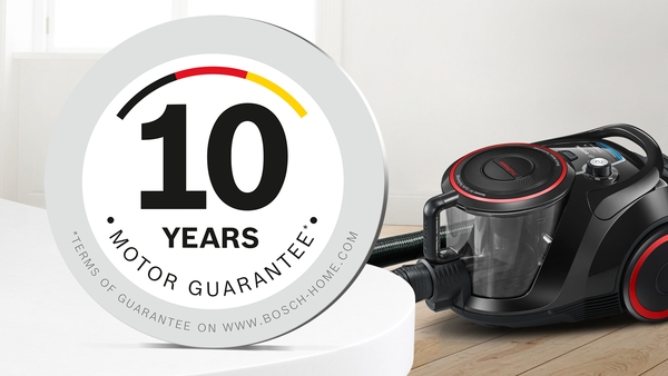 Bosch elektrikli süpürge ve 10 yıl motor garantili logo.