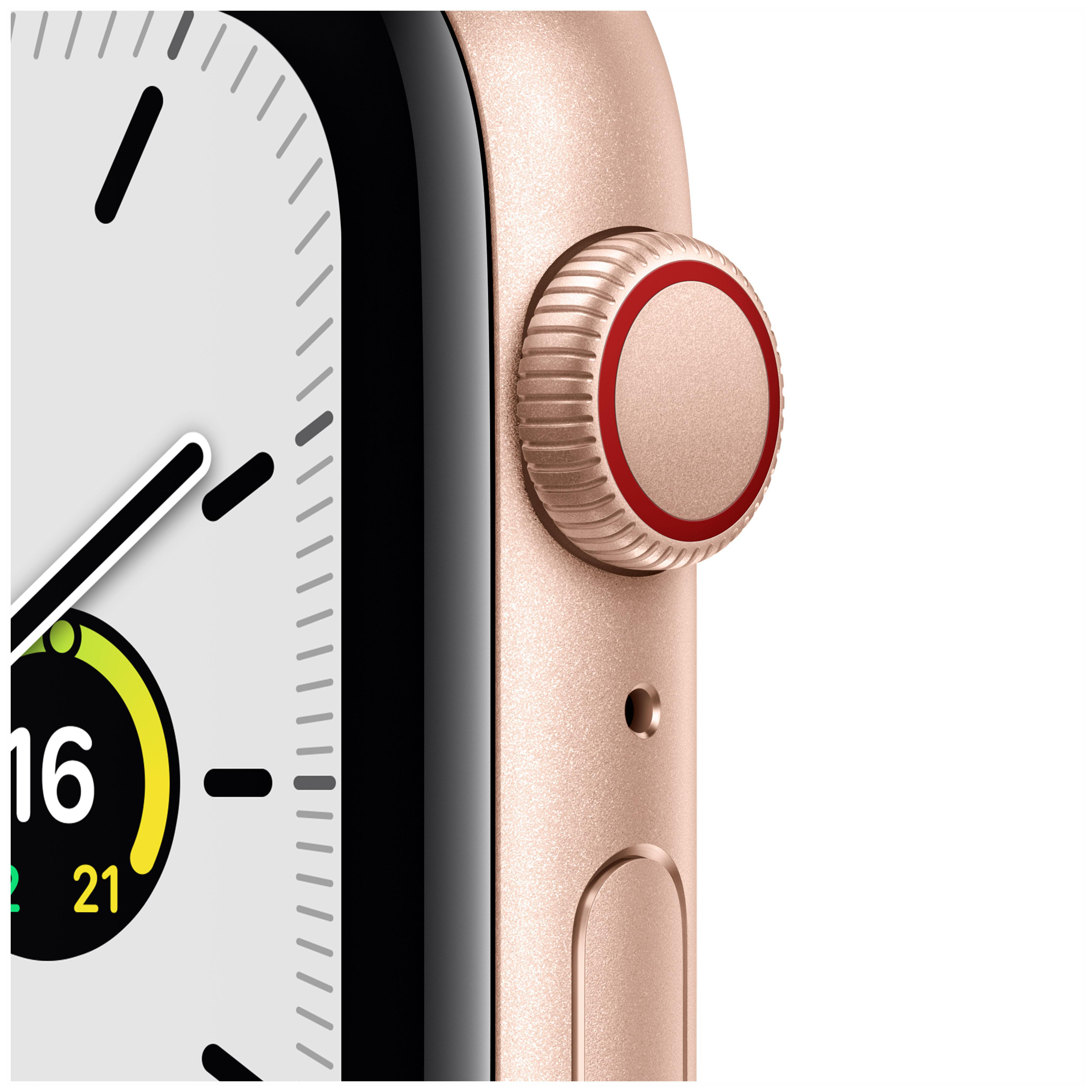 APPLE Watch SE (GPS + Cellular) 44mm Smartwatch Aluminium Nylon, 140 - 220 mm, Armband: Indischgelb/Weiß, Gehäuse: Gold