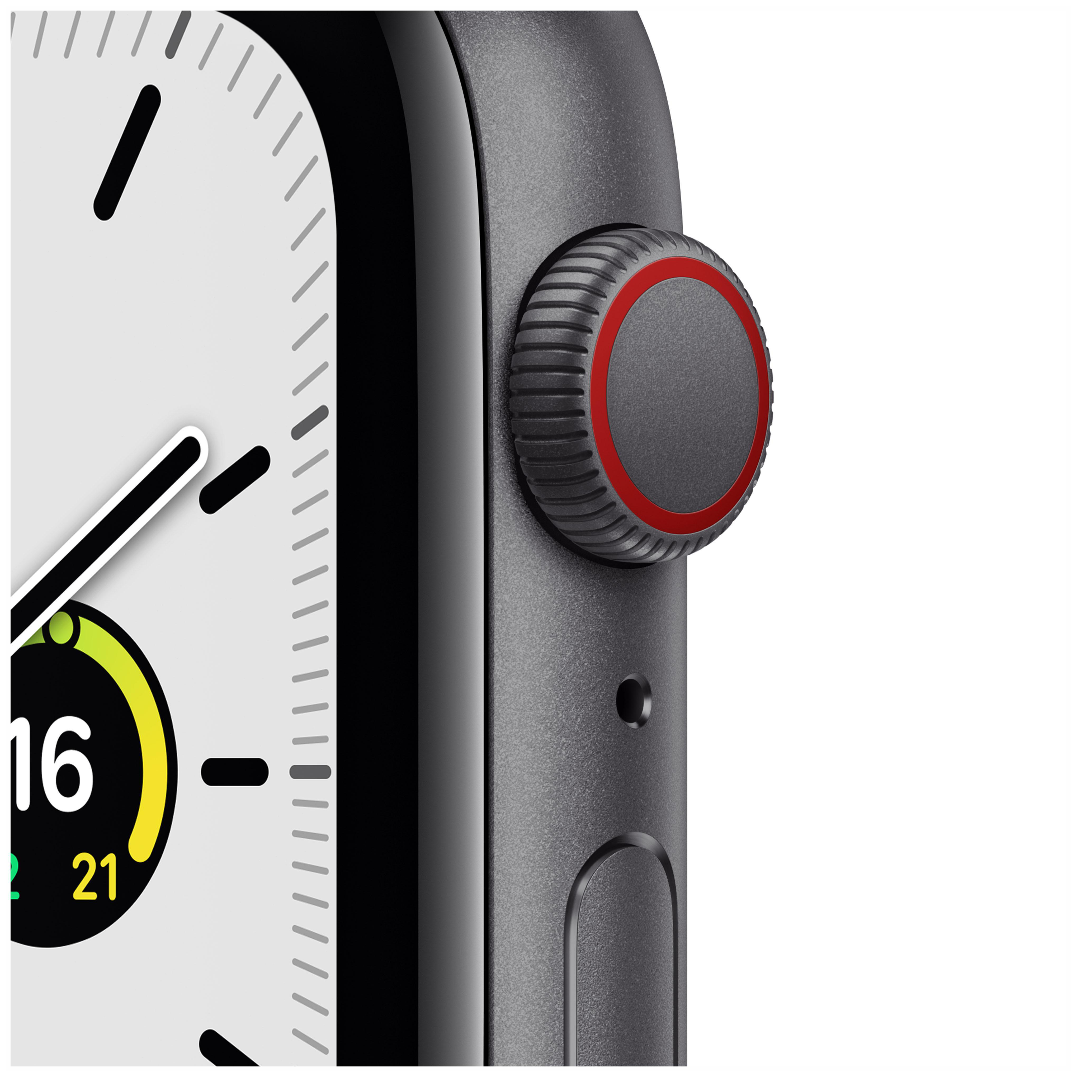 APPLE Watch SE (GPS + Cellular) 44mm Smartwatch Aluminium Fluorelastomer, 140 - 220 mm, Armband: Mitternacht, Gehäuse: Space Grau