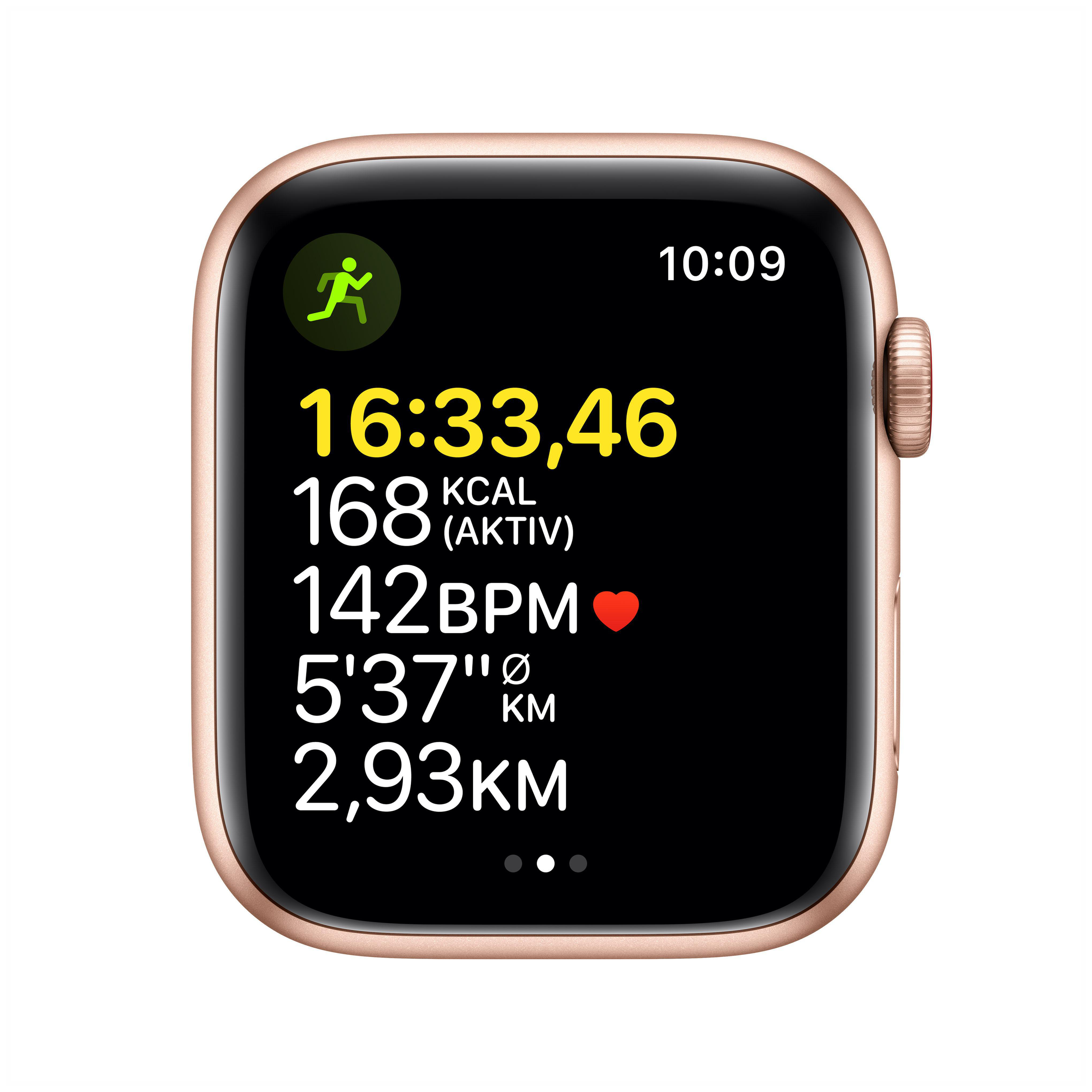 APPLE Watch SE (GPS + Cellular) 44mm Smartwatch Aluminium Nylon, 140 - 220 mm, Armband: Indischgelb/Weiß, Gehäuse: Gold