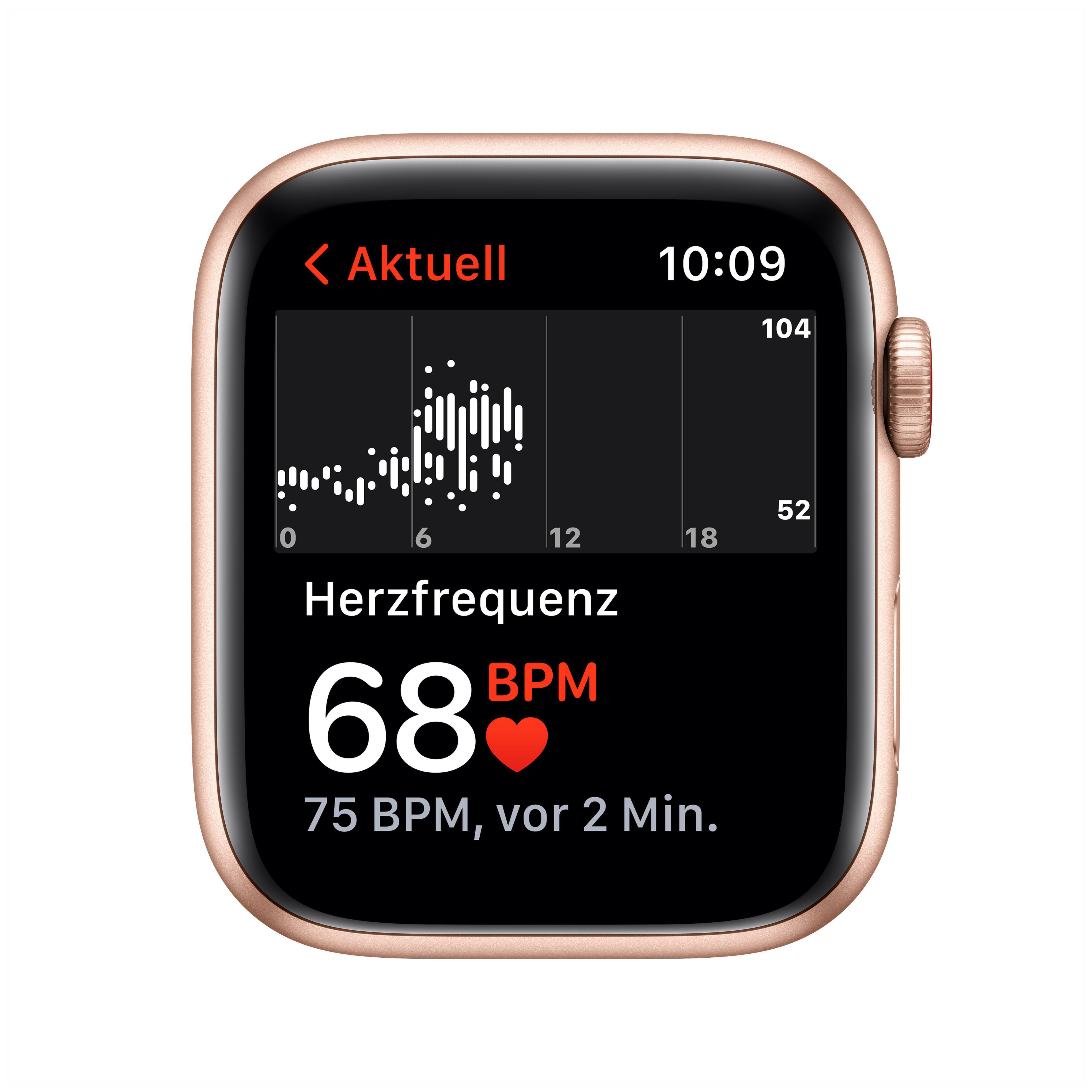 APPLE Watch SE (GPS + Cellular) 44mm Smartwatch Aluminium Fluorelastomer, 140 - 220 mm, Armband: Polarstern, Gehäuse: Gold