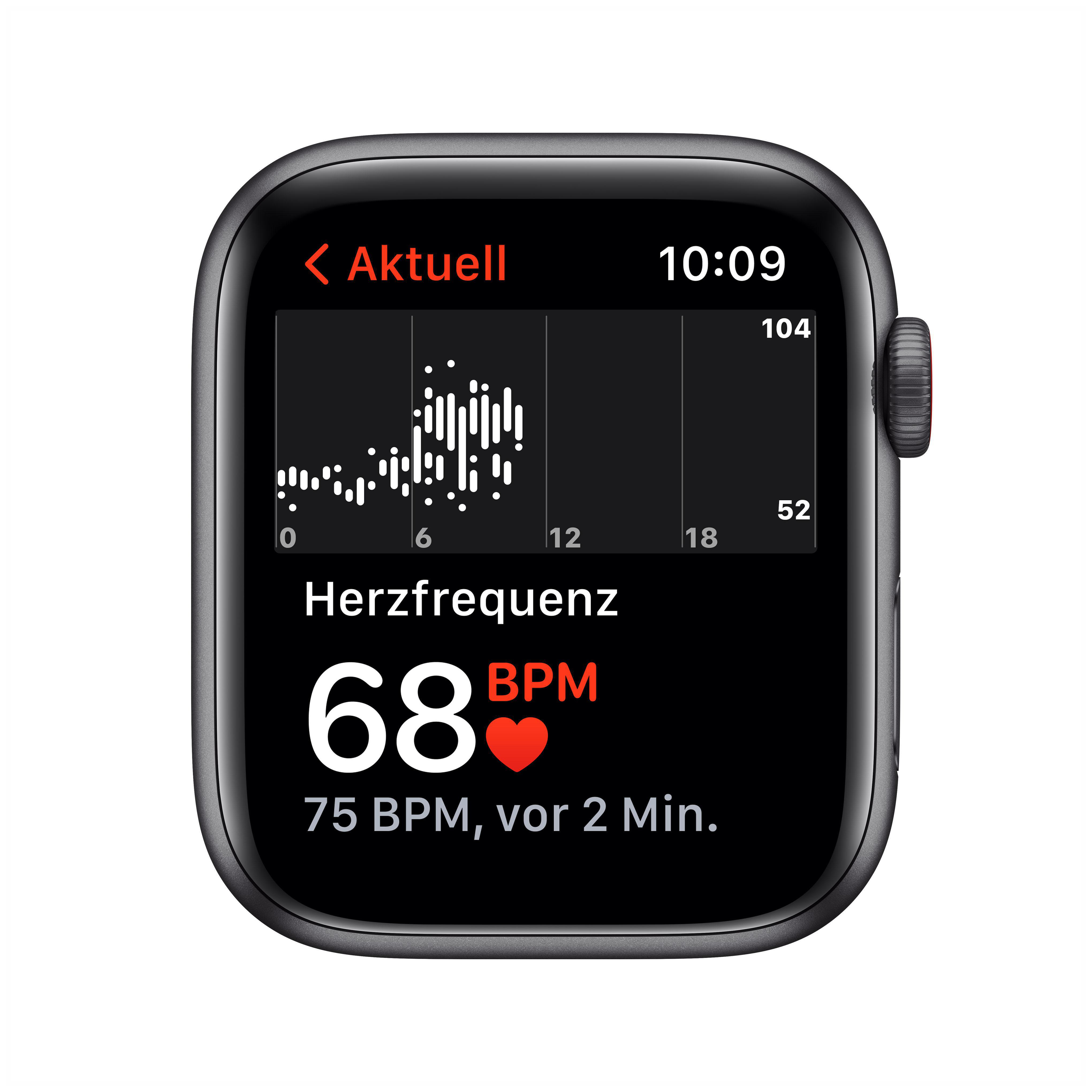 APPLE Watch (GPS 220 mm, Fluorelastomer, Mitternacht, Cellular) 44mm Smartwatch Aluminium 140 Gehäuse: SE Armband: Space + - Grau