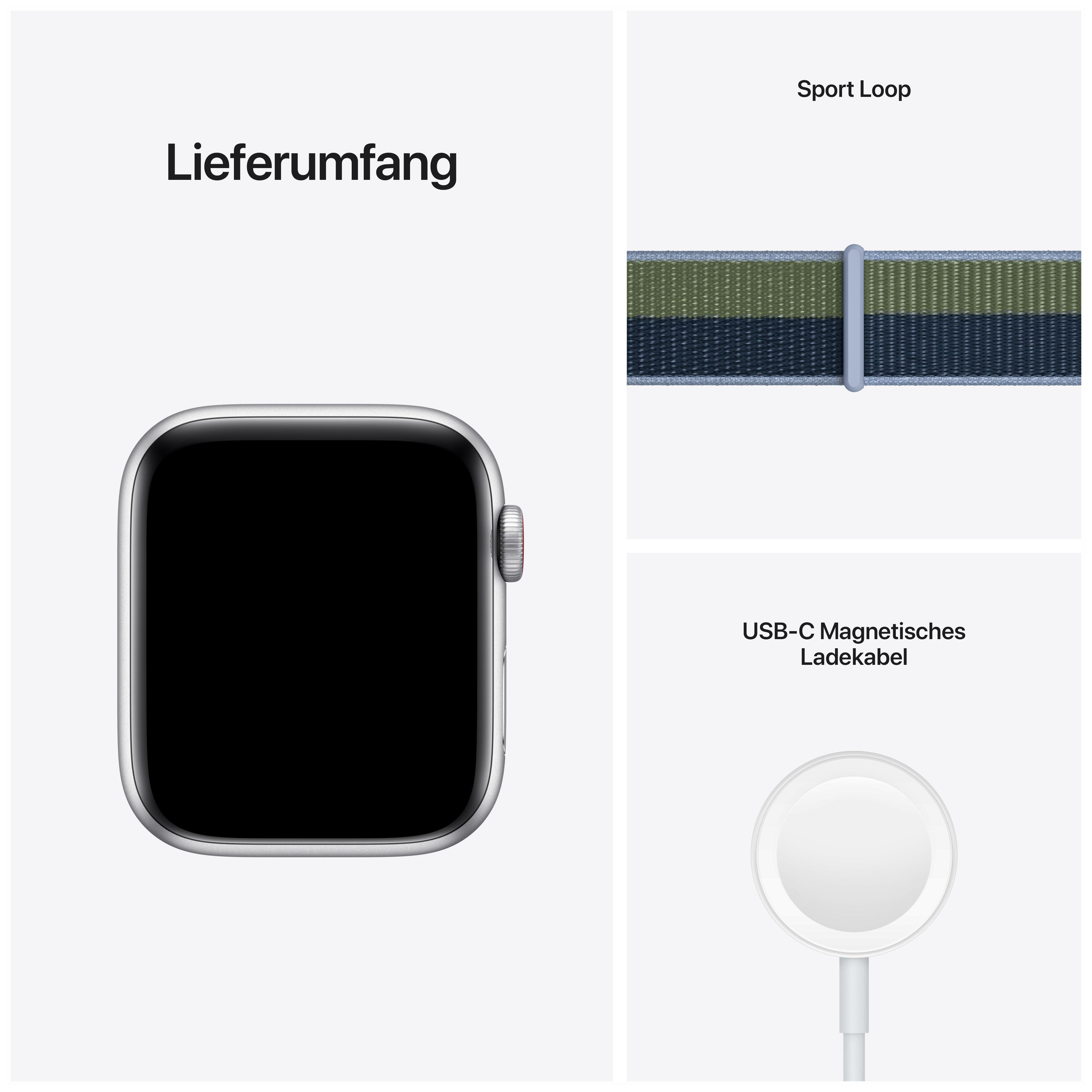 APPLE Watch SE (GPS + Cellular) 44mm Smartwatch Aluminium Nylon, 140 - 220 mm, Armband: Abyssblau/Moosgrün, Gehäuse: Silber