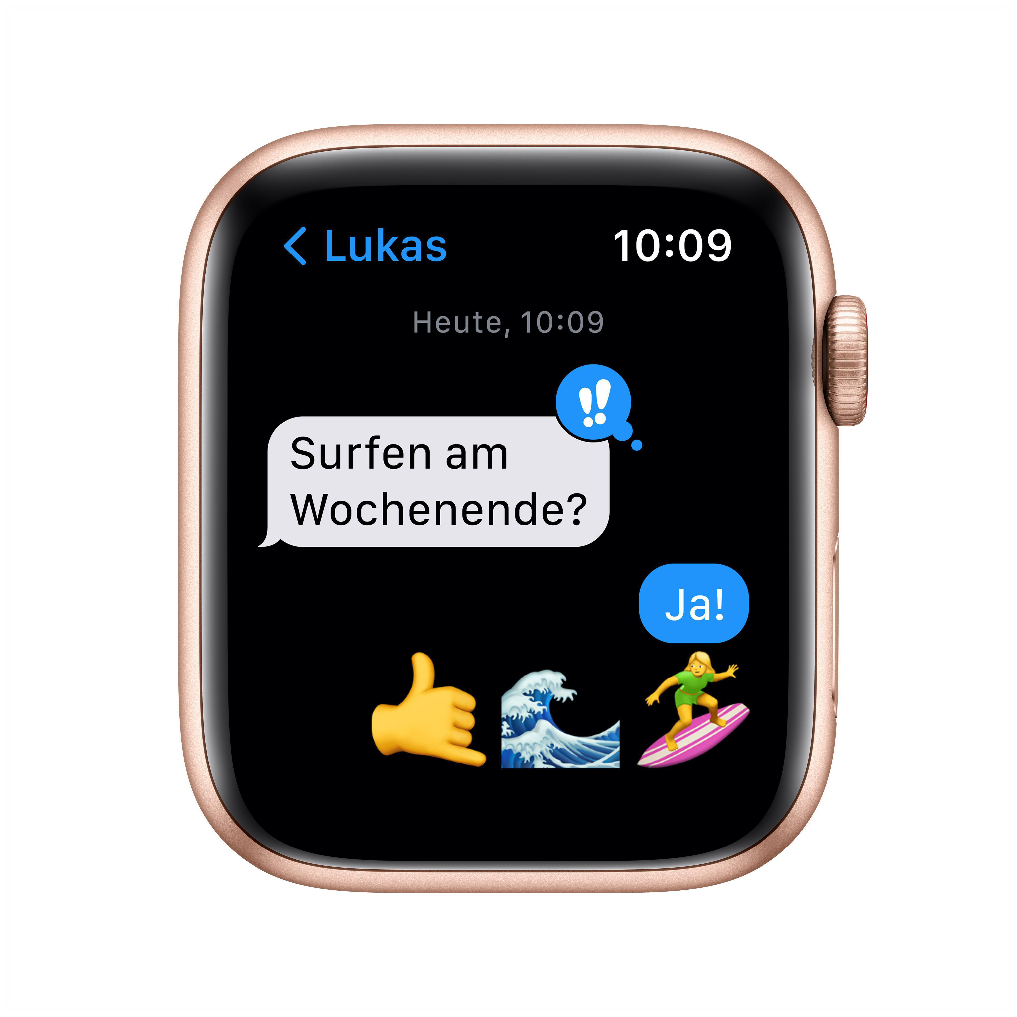 APPLE Watch SE (GPS + Cellular) 44mm Smartwatch Aluminium Nylon, 140 - 220 mm, Armband: Indischgelb/Weiß, Gehäuse: Gold