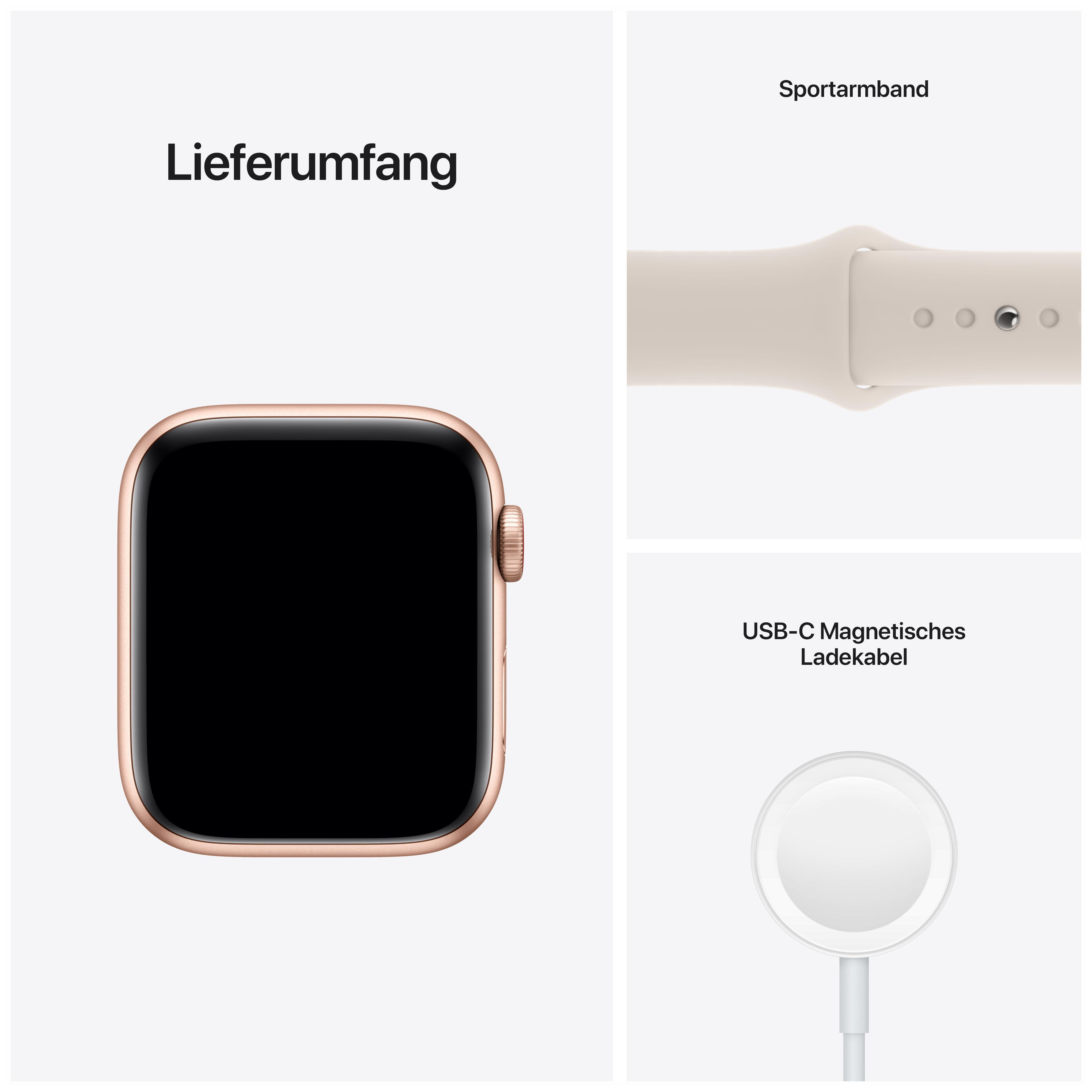 APPLE Watch SE (GPS + Cellular) 44mm Smartwatch Aluminium Fluorelastomer, 140 - 220 mm, Armband: Polarstern, Gehäuse: Gold