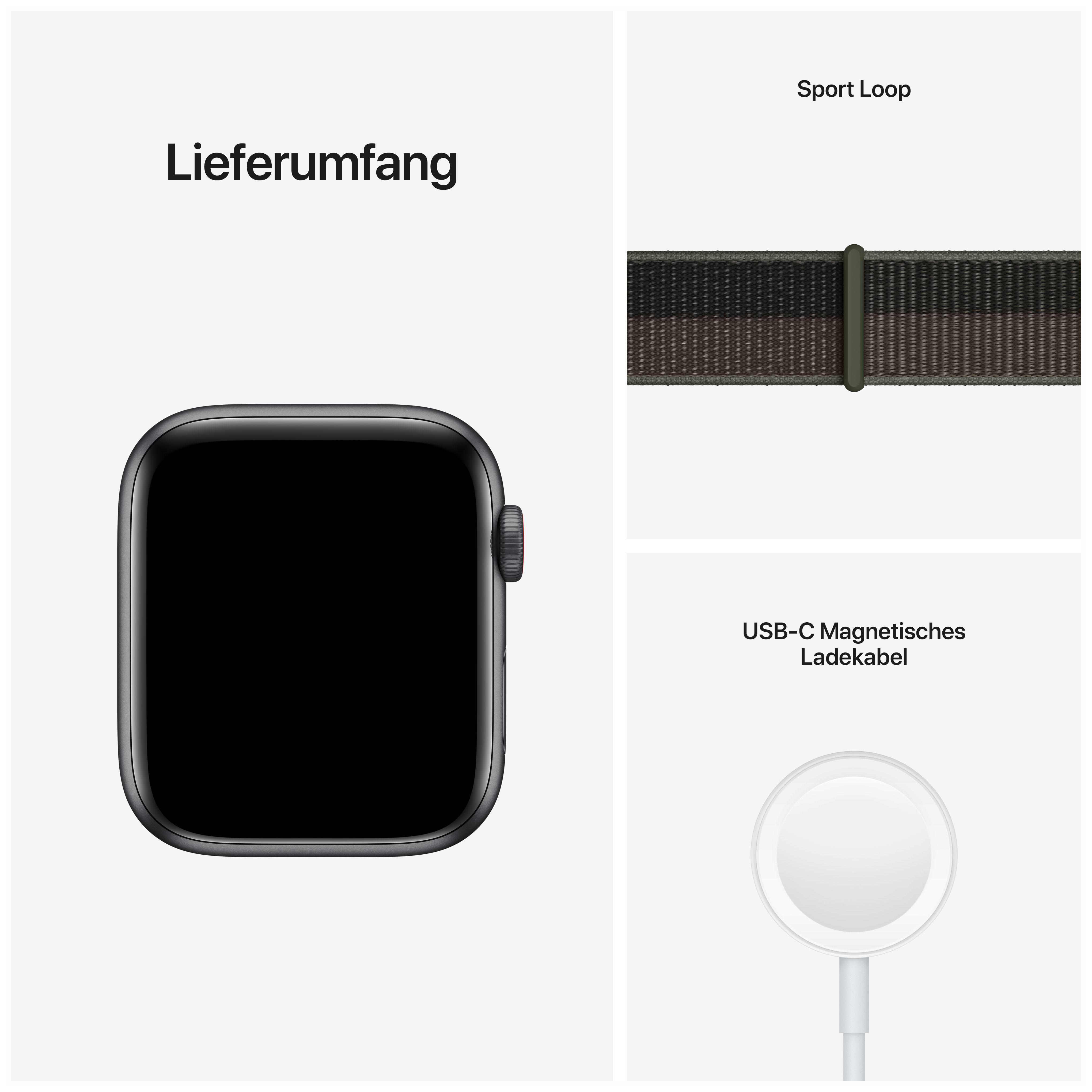 APPLE Watch SE (GPS + Cellular) 44mm Smartwatch Aluminium Nylon, 140 - 220 mm, Armband: Tornado/Grau, Gehäuse: Space Grau