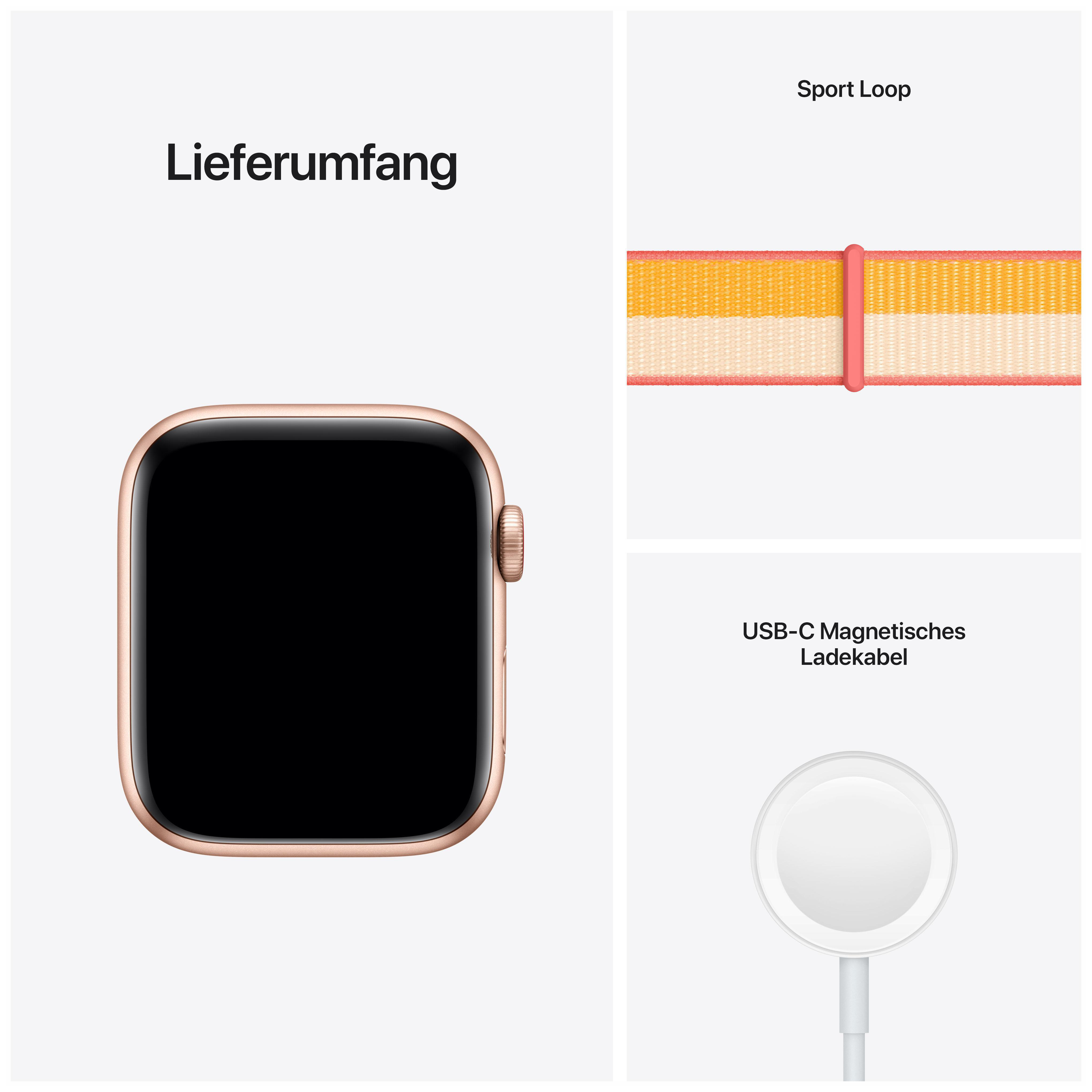 APPLE Watch SE (GPS + Cellular) 44mm Smartwatch Aluminium Nylon, 140 - 220 mm, Armband: Indischgelb/Weiß, Gehäuse: Gold
