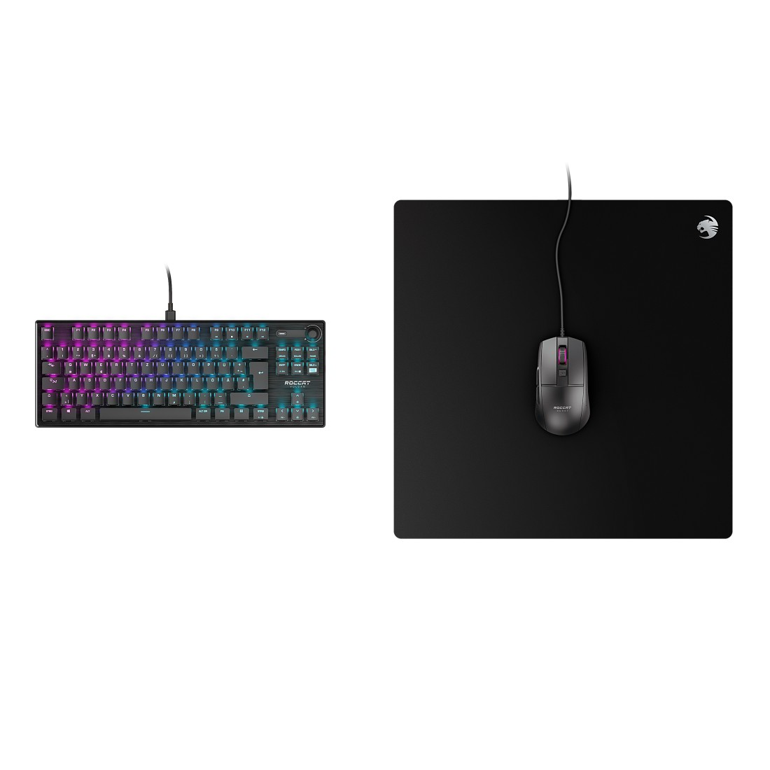 Eine Gaming-Tastatur und -Maus mit einem Mauspad, positioniert auf weißem Hintergrund.