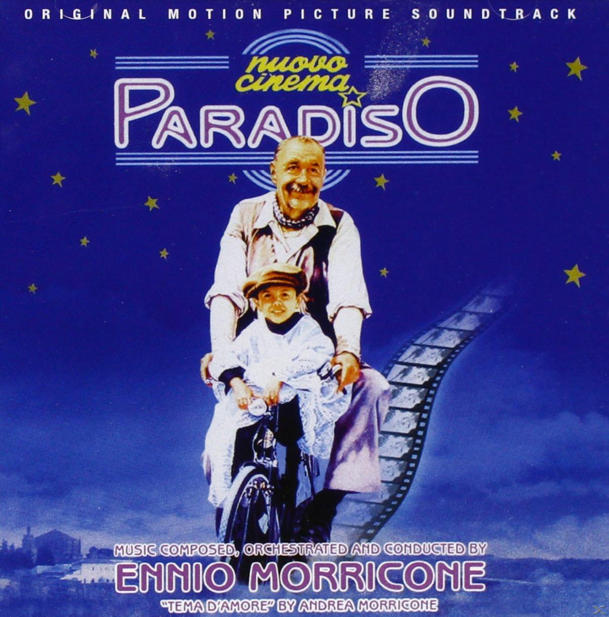 Album borító: Férfi és gyermek biciklin, a "Nuovo Cinema Paradiso" szöveggel és hangjegyekkel.