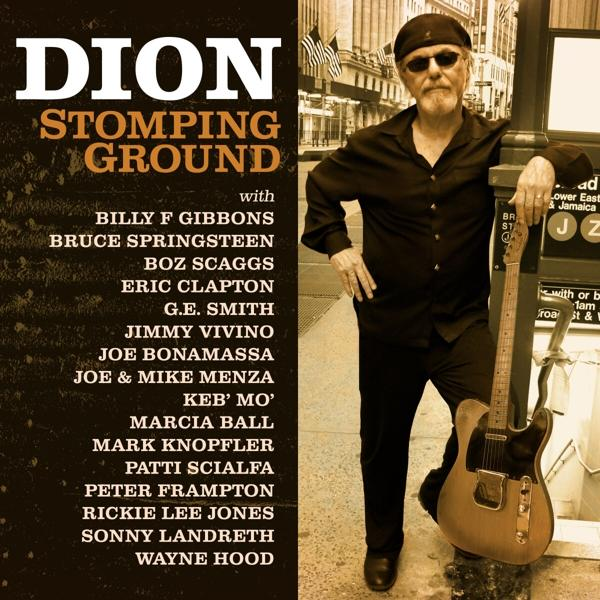 Album borító: Dion, Stomping Ground. Férfi napszemüvegben gitárral. Szöveg balra.