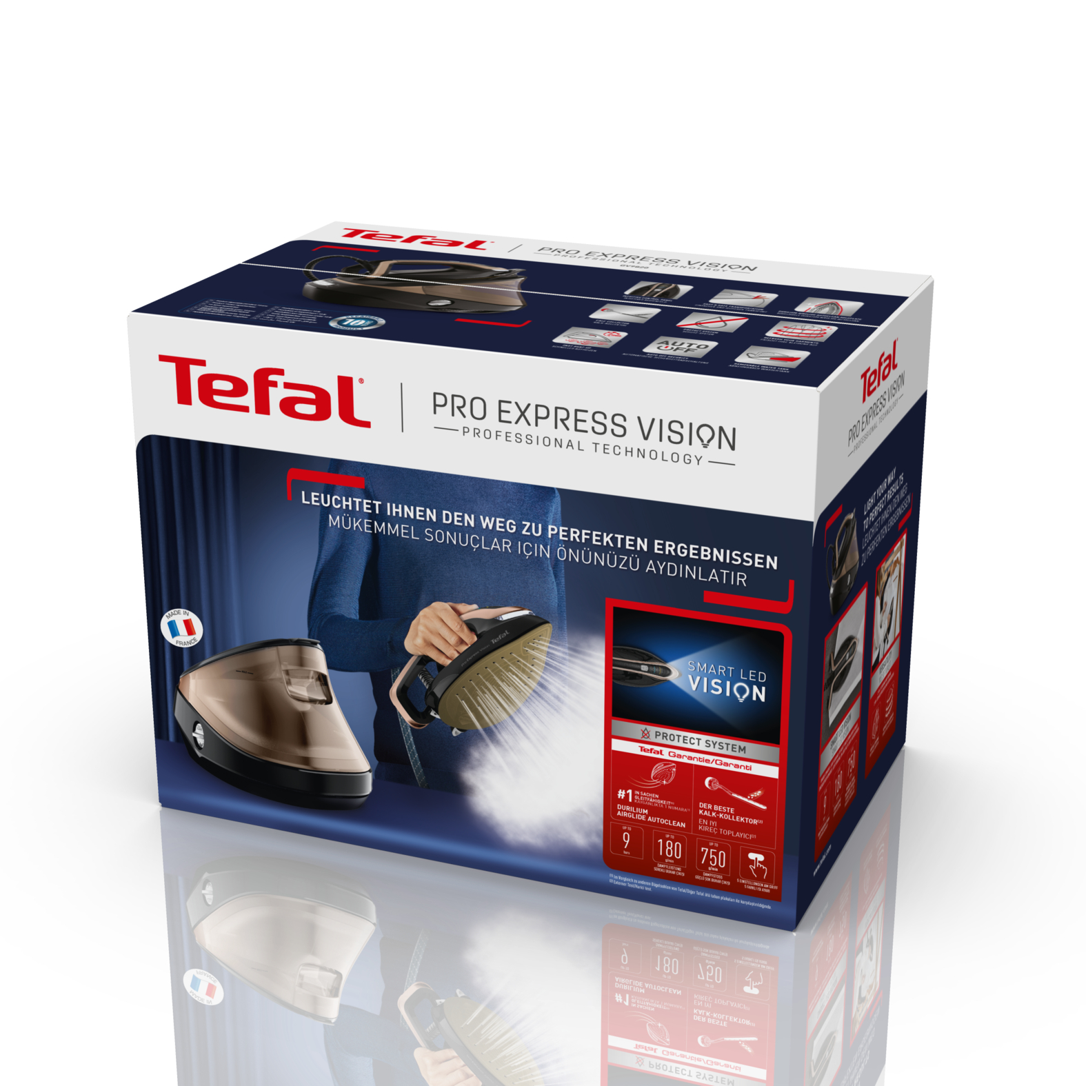 Tefal Pro Express Vision ütü kutusu, ürün ve buhar detayı ile.