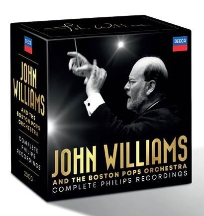 Coffret CD. John Williams et le Boston Pops Orchestra avec image du chef d'orchestre et texte.