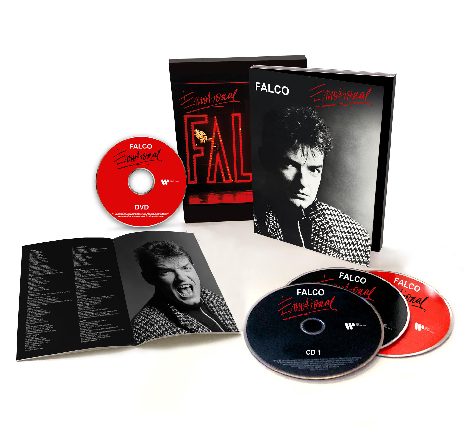 Ein Falco-Album-Set mit CDs, einer DVD und Booklets, das das Bild des Künstlers und das Albumcover zeigt.