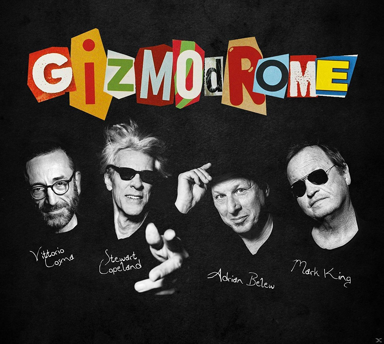 Gizmodrome-Bandcover, vier Männer, Textcollage, schwarzer Hintergrund.