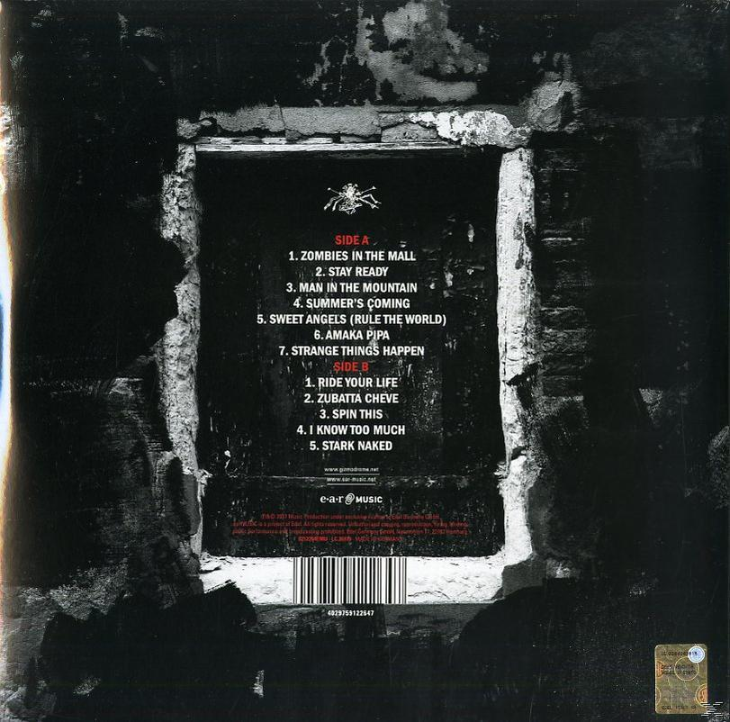 Albumcover mit Songtiteln. Schwarzer Hintergrund, Seite A, Seite B und eine Spinne.