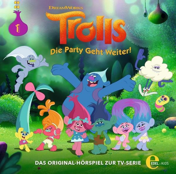Trolls-Film-DVD-Cover mit Zeichentrickfiguren. Der Titel lautet 'Die Party Geht Weiter!' und DreamWorks-Logo.