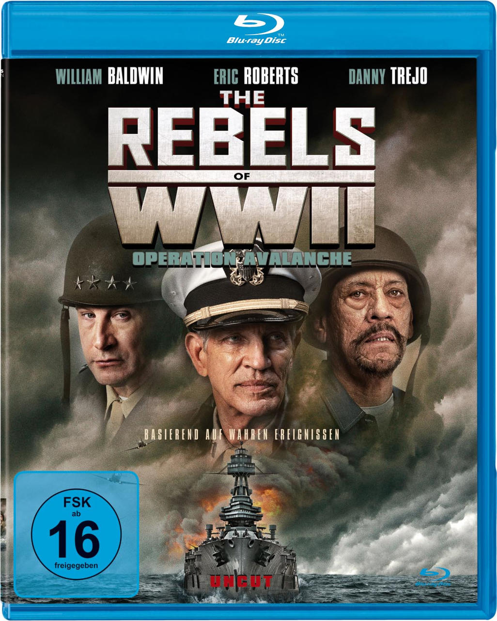 Blu-ray-Cover: The Rebels of WWII. Drei Männer in Uniform, ein Schiff und stürmischer Hintergrund.