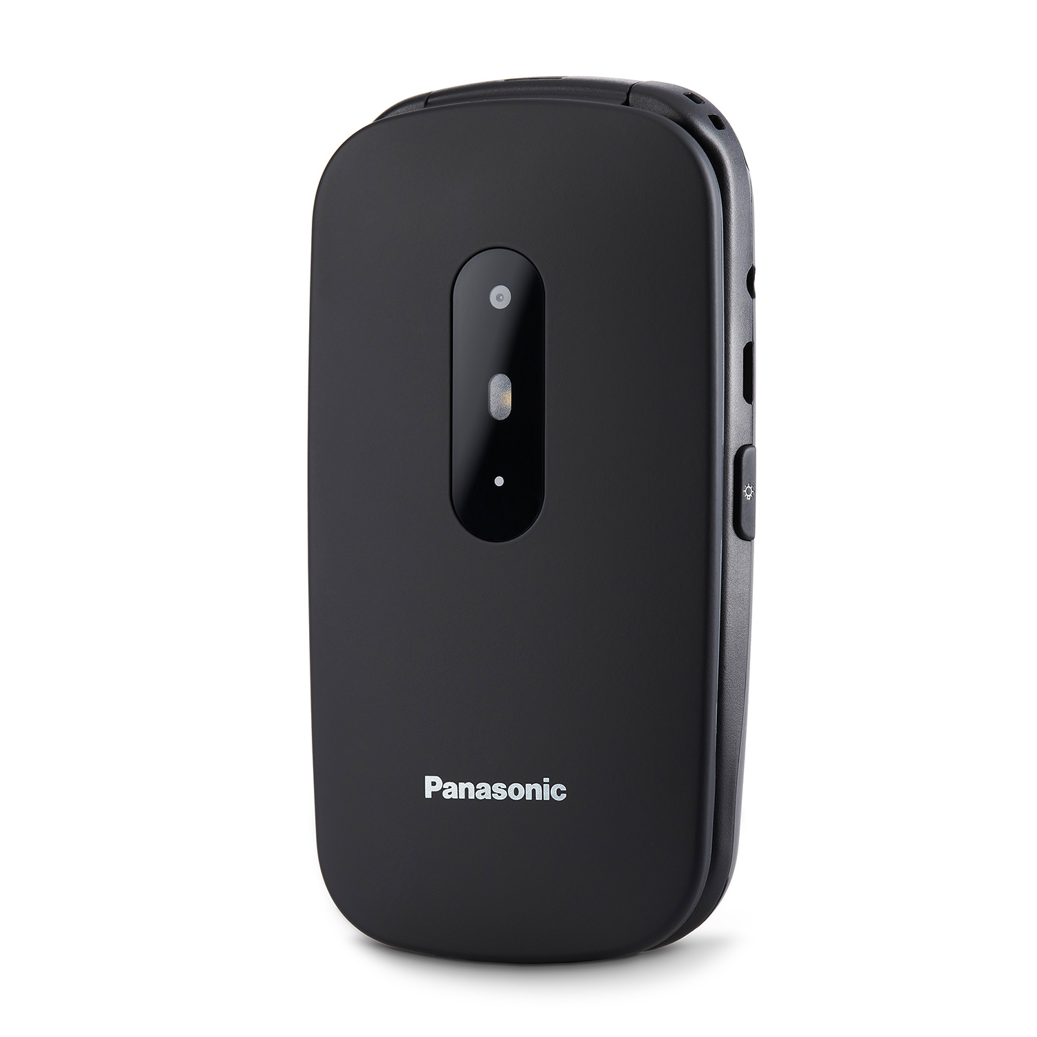 Telefono a conchiglia nero chiuso, logo Panasonic, su sfondo bianco.