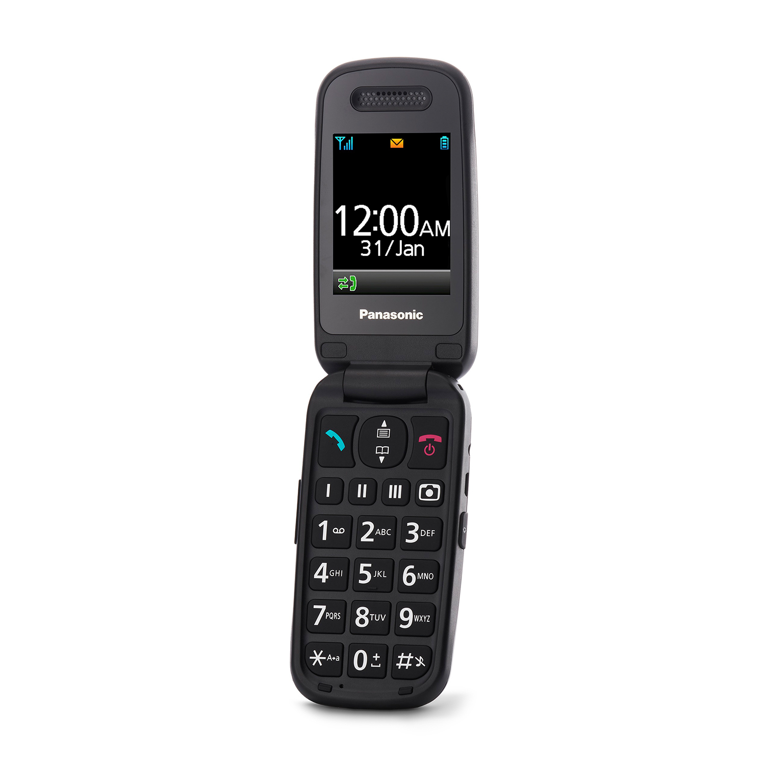 Un telefono a conchiglia Panasonic nero, aperto, che mostra l'ora e la data. Ha tastierino numerico e tasti funzione.