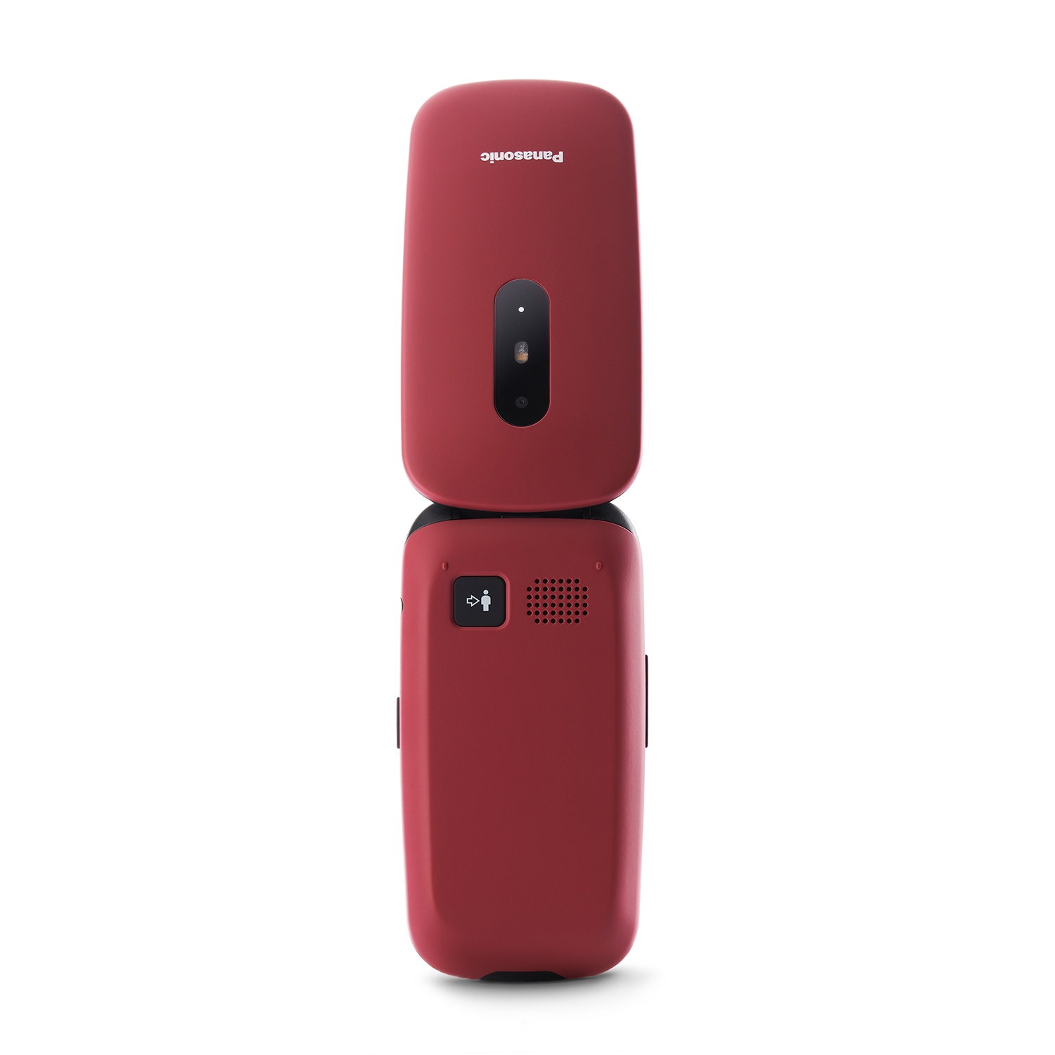 Un telefono a conchiglia rosso è aperto. Lo schermo è nero. Il telefono ha una fotocamera e il logo Panasonic.