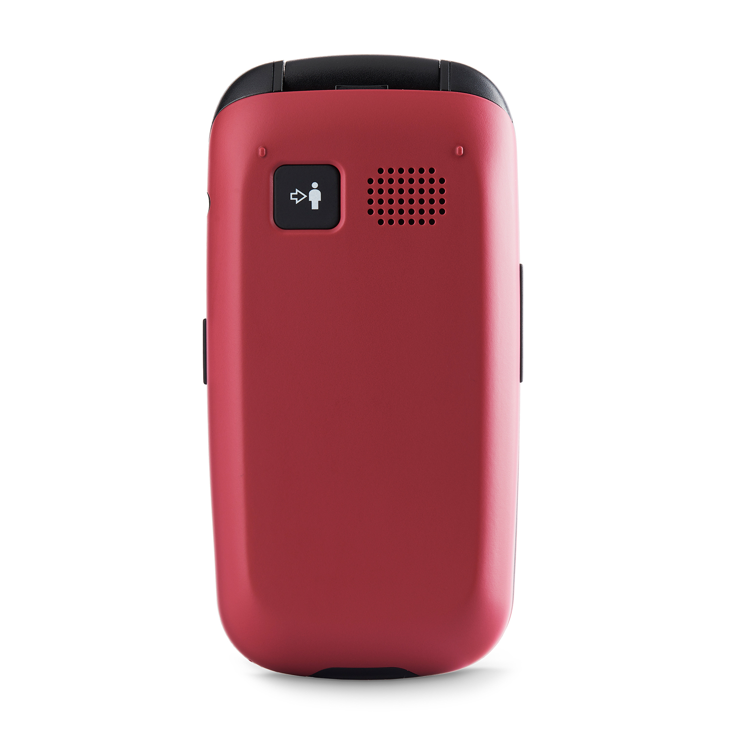 Telefono rosso, vista posteriore, con un pulsante contrassegnato da un'icona di persona per le chiamate di emergenza.