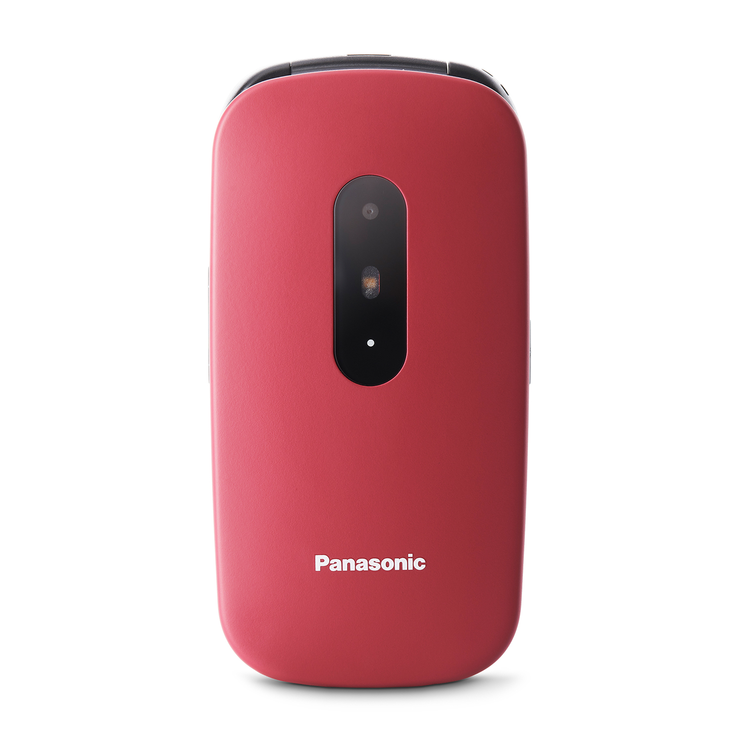 Un telefono a conchiglia rosso, chiuso, con fotocamera e logo Panasonic.