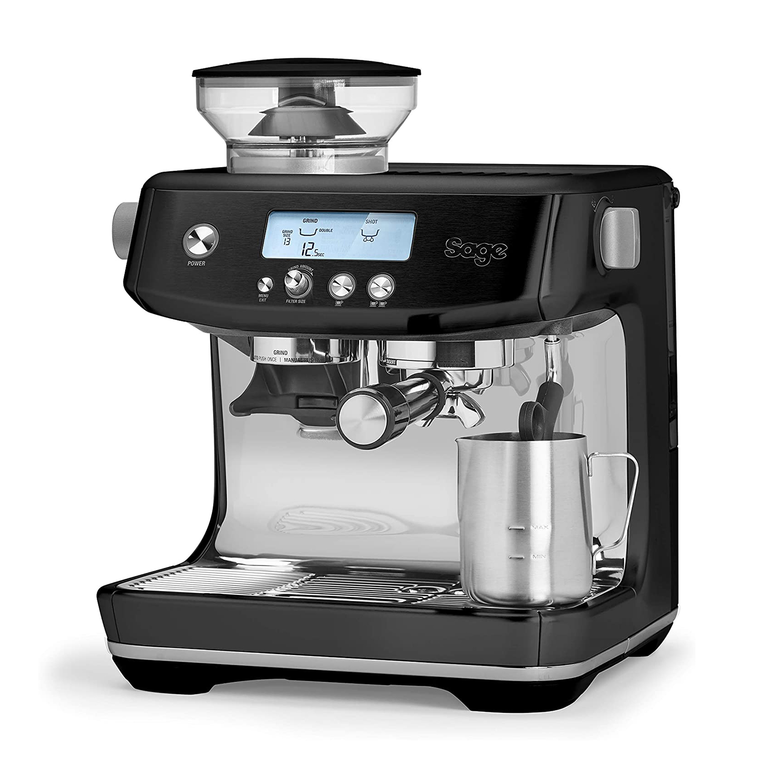 Una macchina per espresso nera con macinacaffè integrato, caraffa per montare il latte e display digitale. Sfondo bianco.