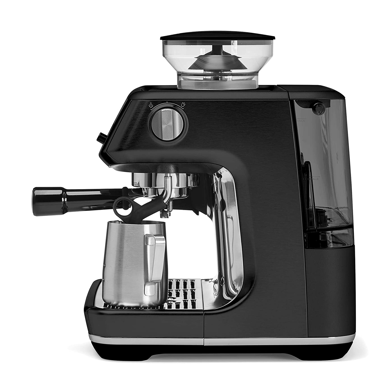 Macchina per espresso nera con macinacaffè, montalatte e tazza in acciaio inox.