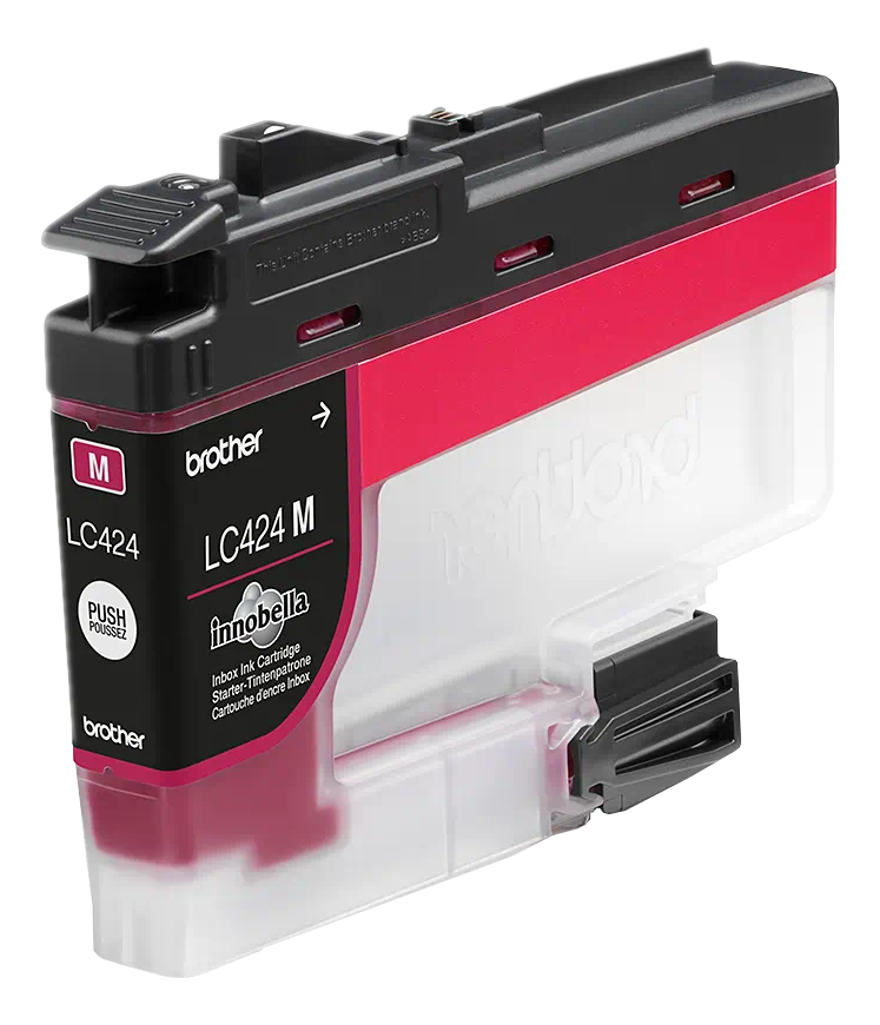 Brother LC424 M Tintenpatrone, rosa Tinte. Schwarz-pinkes Farbschema.