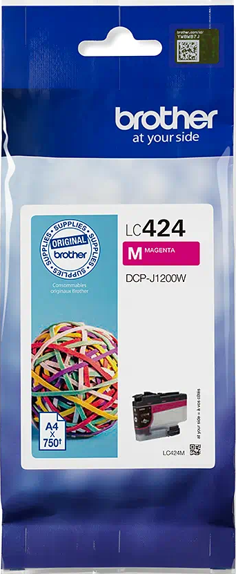 Eine Brother Magenta-Tintenpatrone für einen Drucker. Die Verpackung zeigt einen bunten Gummibandball.