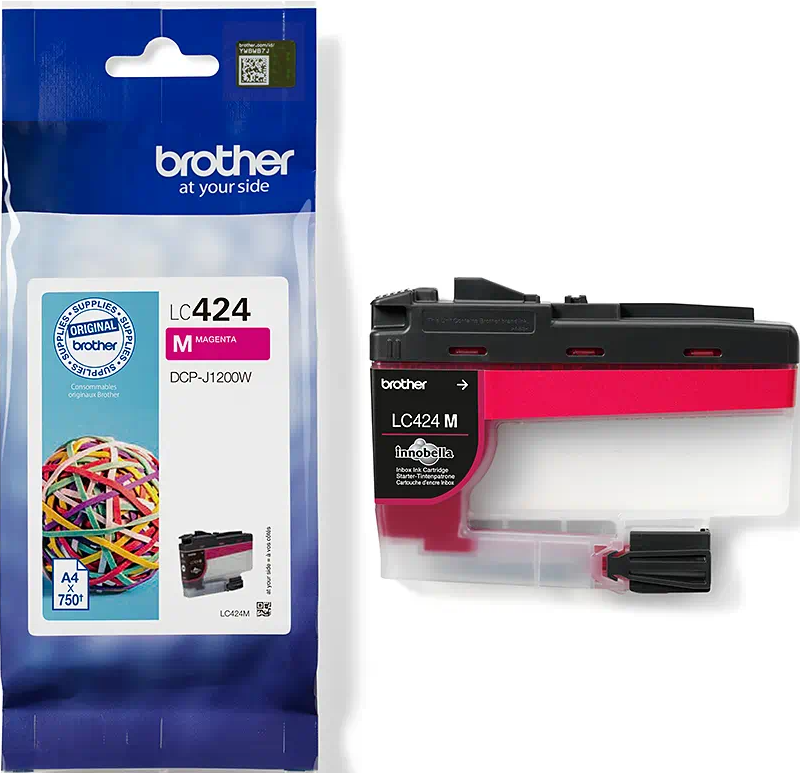 Magentarote Brother-Tintenpatrone und ihre Verpackung. Zeigt die Tintenpatrone und die Box.
