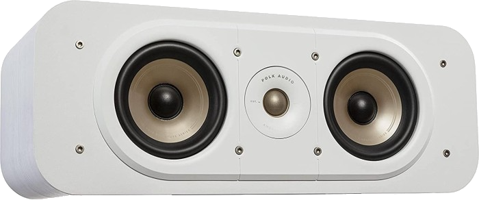 Witte Polk audio luidspreker. Het heeft drie luidsprekerroosters en een witte, afgeronde behuizing. Schroeven zijn zichtbaar.