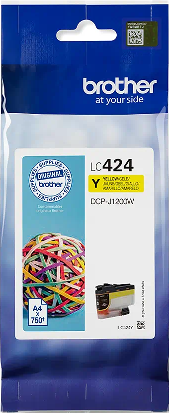 Brother LC424 Tintenpatronenverpackung. Gelbes Etikett und bunte Gummibänder.