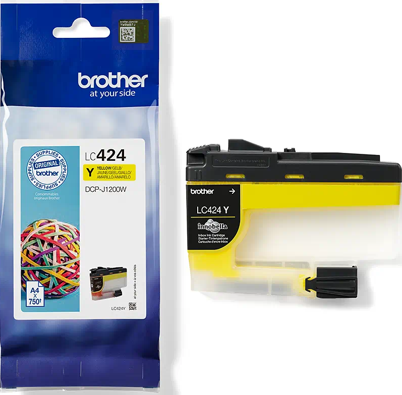 Brother LC424Y gelbe Tintenpatrone in einer Plastiktüte, mit einem Gummibandball.